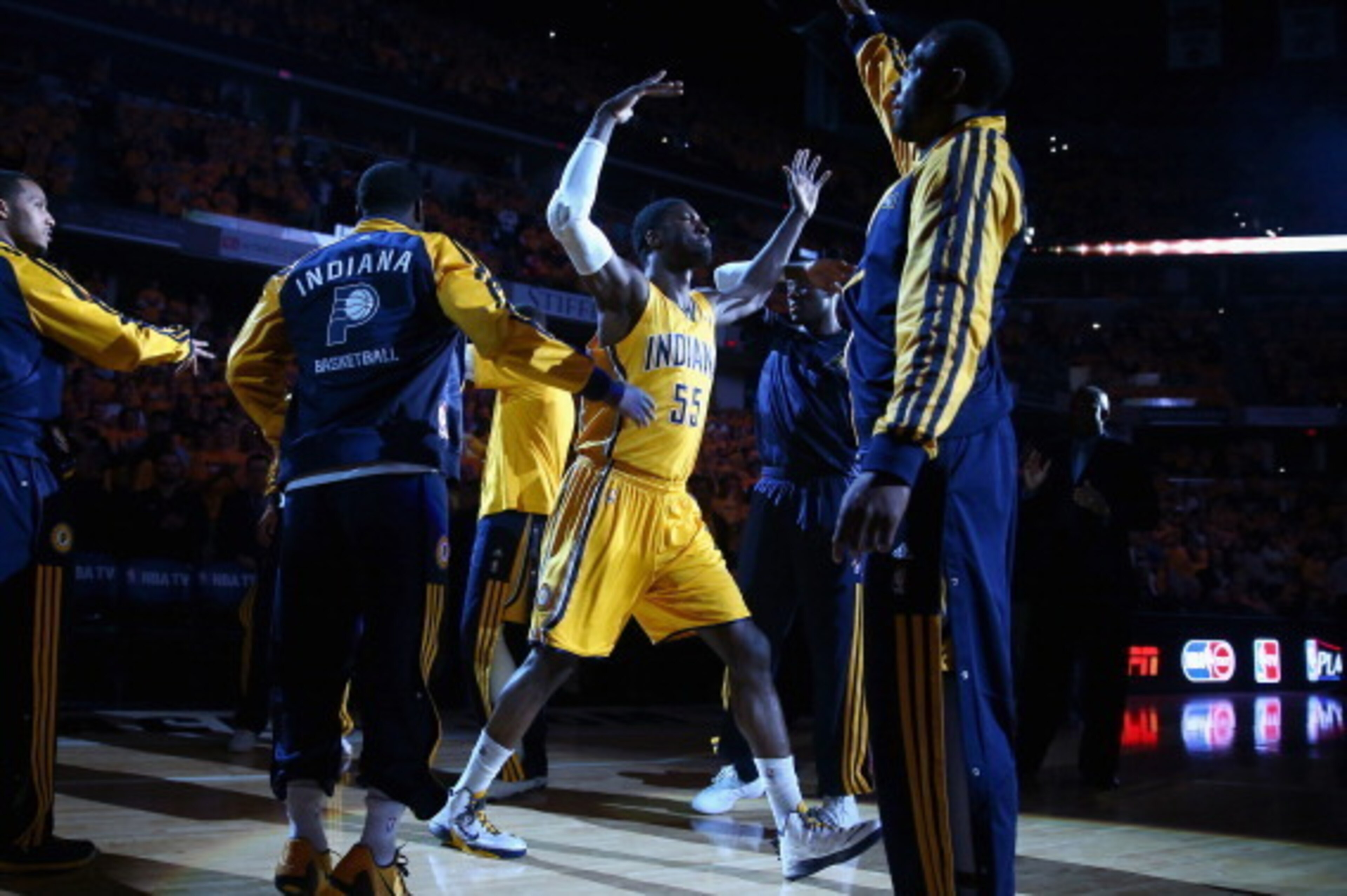 INDIANAPOLIS, IN - MAY 05:  Roy Hibbert #55 of the Indiana Pacers is introduced before the game against the Washington Wizards in Game 1 of the Eastern Conference Semifinals during the 2014 NBA Playoffs at Bankers Life Fieldhouse on May 5, 2014 in Indiana