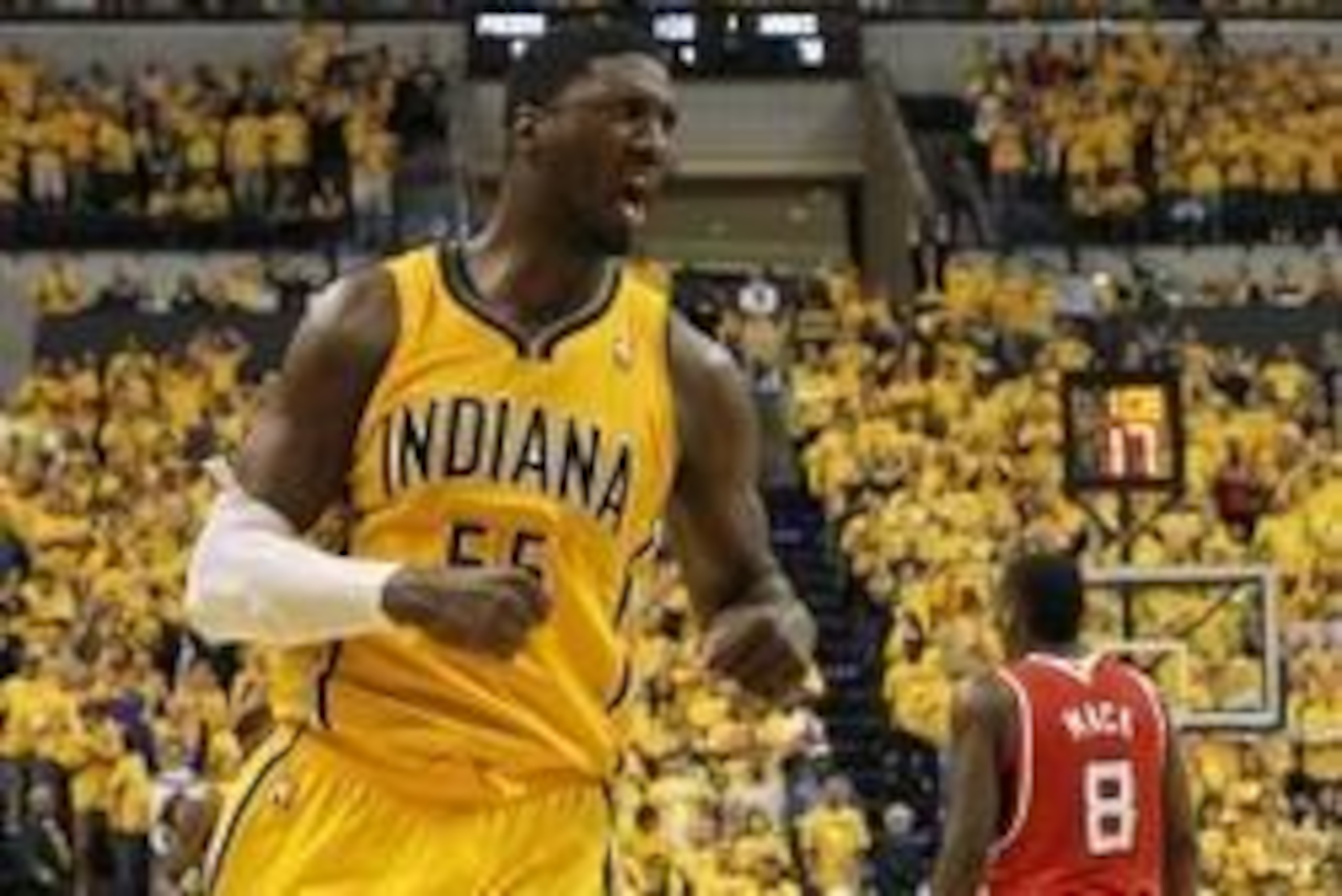 May 3, 2014; Indianapolis, IN, USA; Indiana Pacers center Roy Hibbert (55) celebrates during the fourth quarter against the Atlanta Hawks in game seven of the first round of the 2014 NBA Playoffs at Bankers Life Fieldhouse. Indiana won 92-80. Mandatory Cr