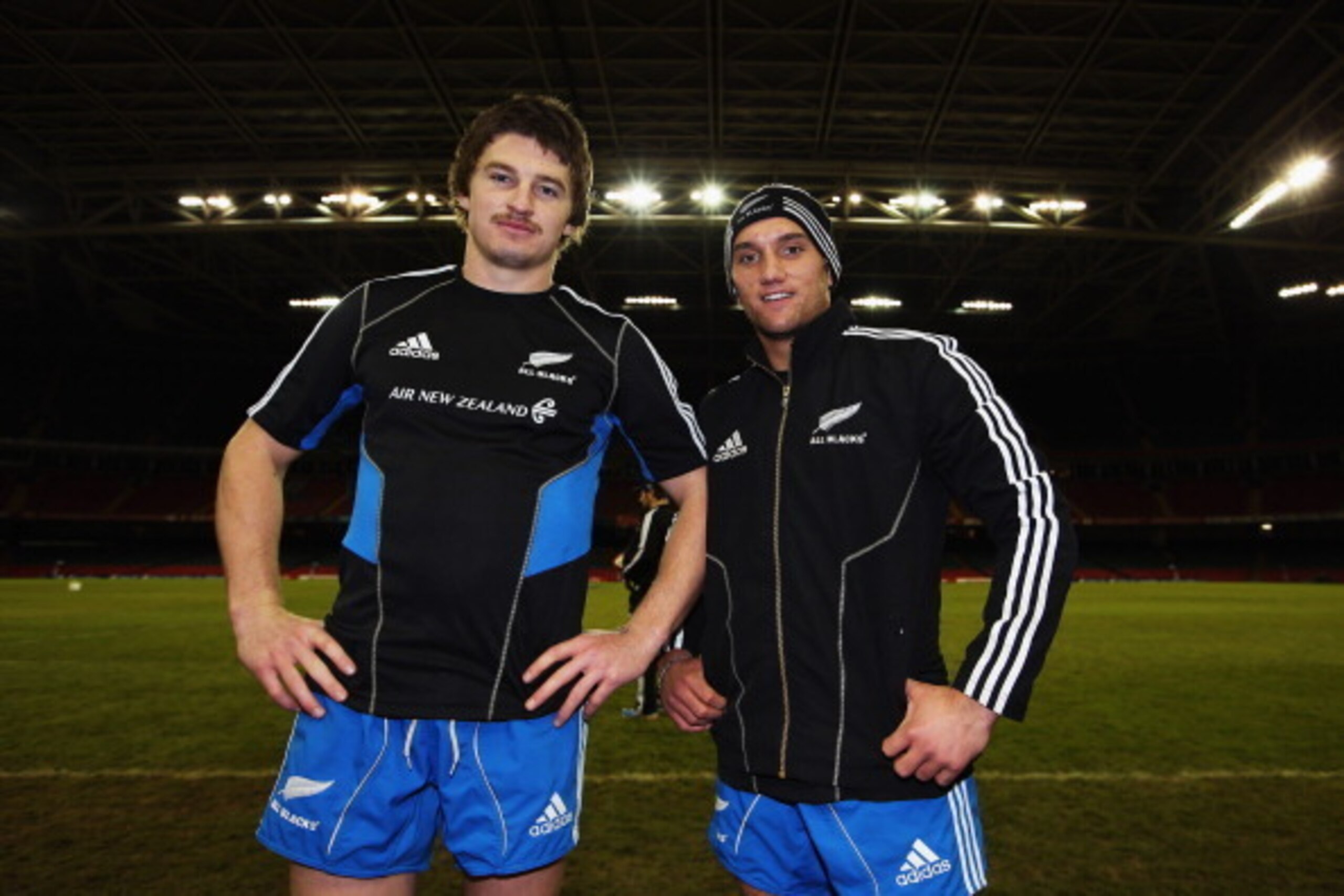 CARDIFF, WALES - NOVEMBER 23: Beauden Barrett and Aaron Cruden of the All Blacks pose for a photo during a captain's run at Millennium Stadium on November 23, 2012 in Cardiff, Wales.  (Photo by Hannah Peters/Getty Images)