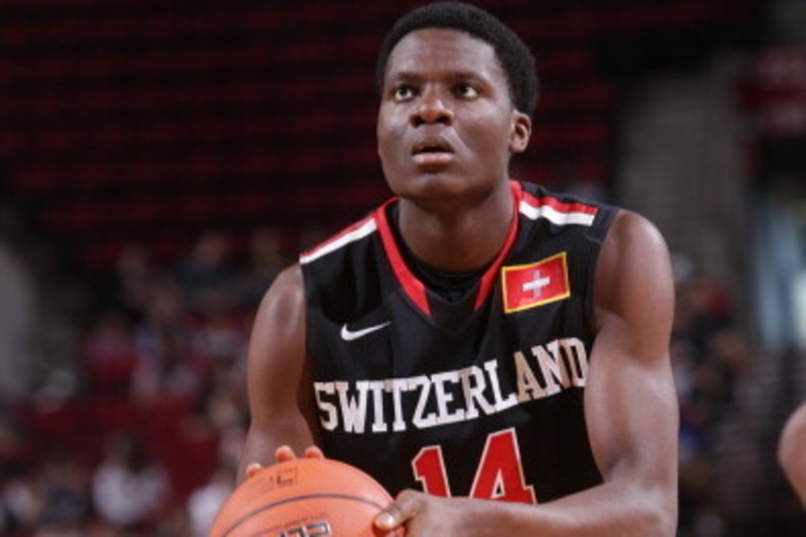PORTLAND, OR - APRIL 12:  Clint Capela #14 of the World Team shoots the ball against the USA Team on April 12, 2014 at the Moda Center Arena in Portland, Oregon. NOTE TO USER: User expressly acknowledges and agrees that, by downloading and or using this p