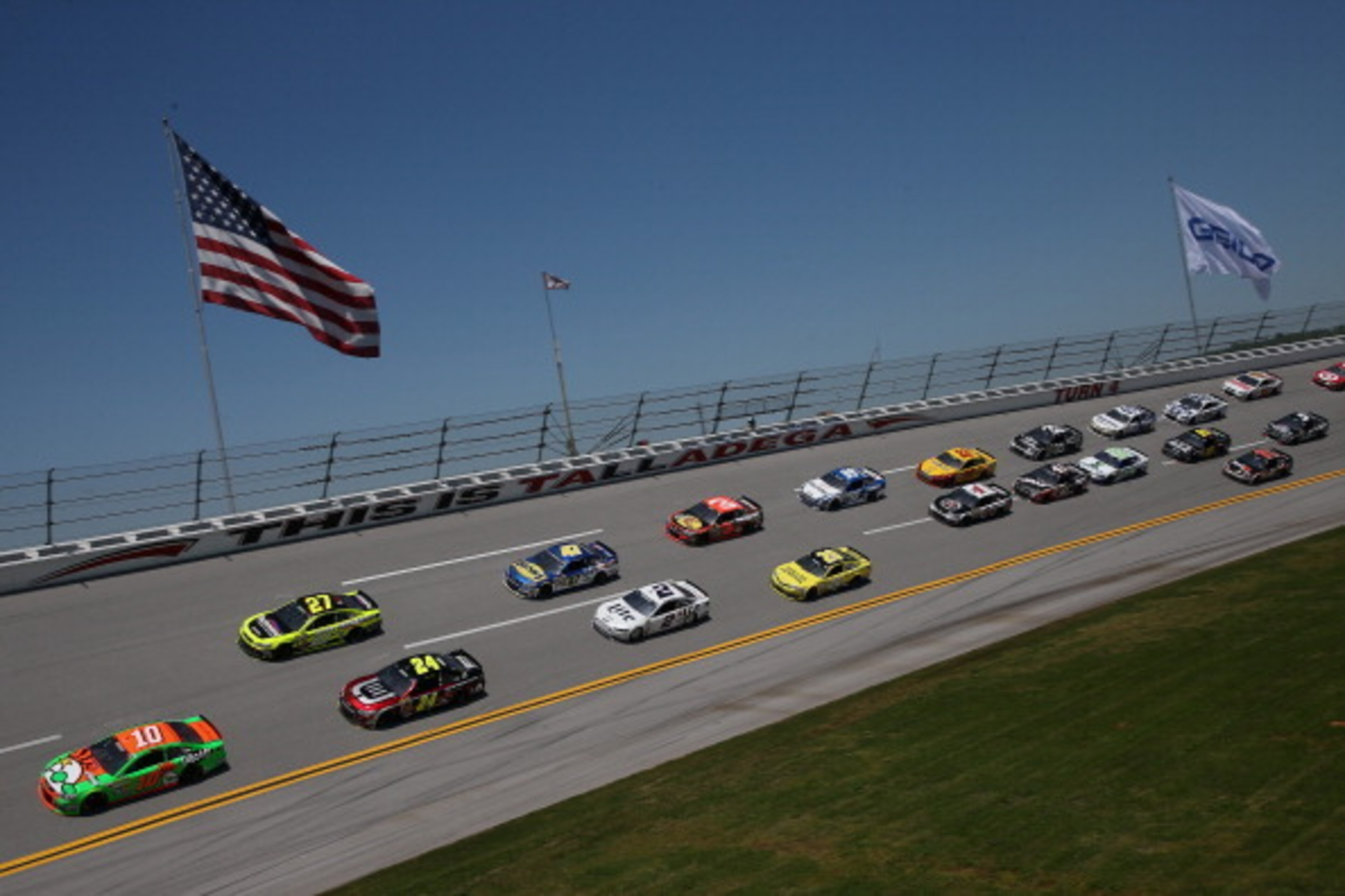 TALLADEGA, AL - MAY 04:  Danica Patrick, driver of the #10 GoDaddy.com Chevrolet, leads a pack of cars during the NASCAR Sprint Cup Series Aaron's 499 at Talladega Superspeedway on May 4, 2014 in Talladega, Alabama.  (Photo by Chris Graythen/Getty Images)