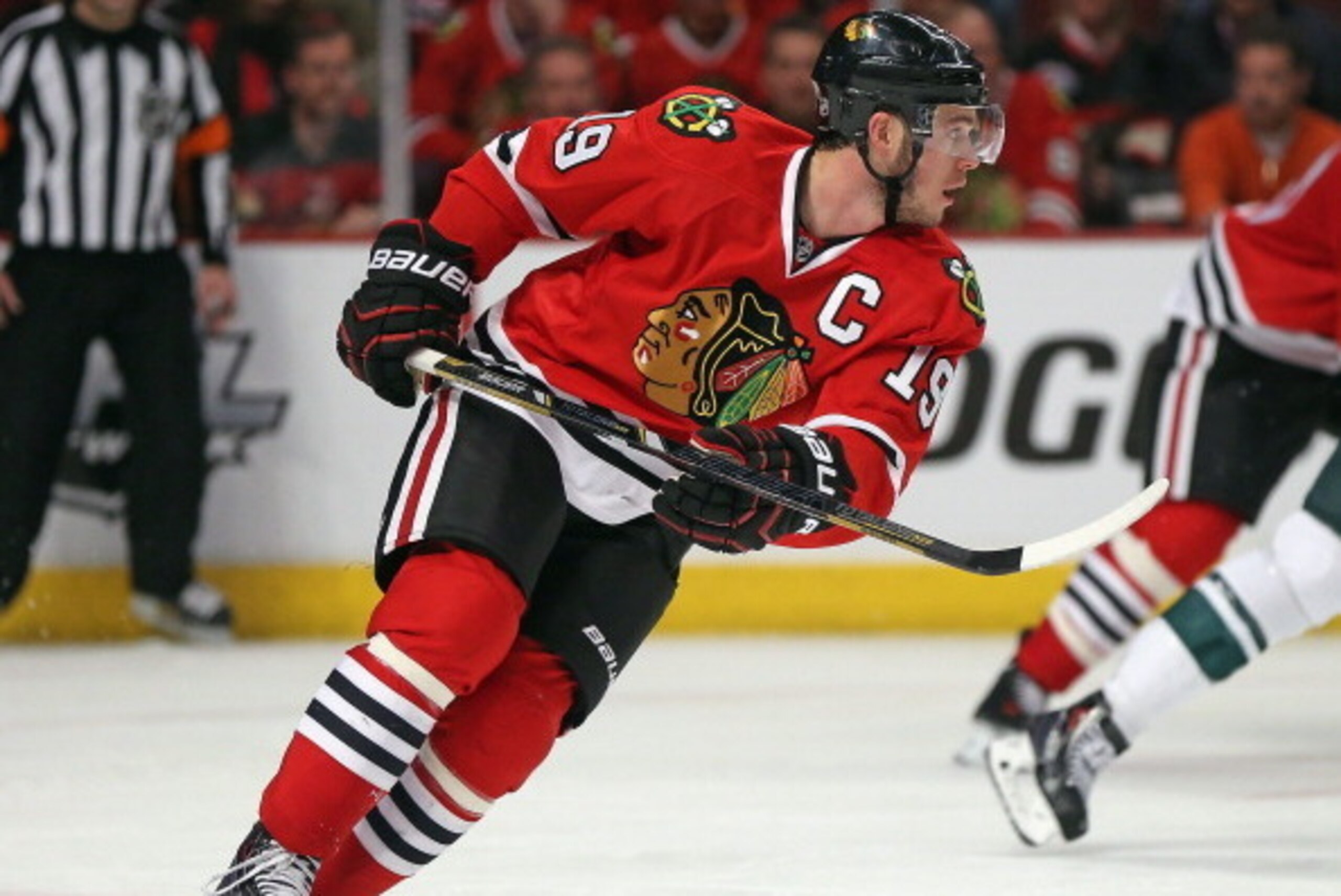 CHICAGO, IL - MAY 04: Jonathan Toews #19 of the Chicago Blackhawks skates against the Minnesota Wild in Game Two of the Second Round of the 2014 NHL Stanley Cup Playoffs at the United Center on May 4, 2014  in Chicago, Illinois.  The Blackhawks defeated t