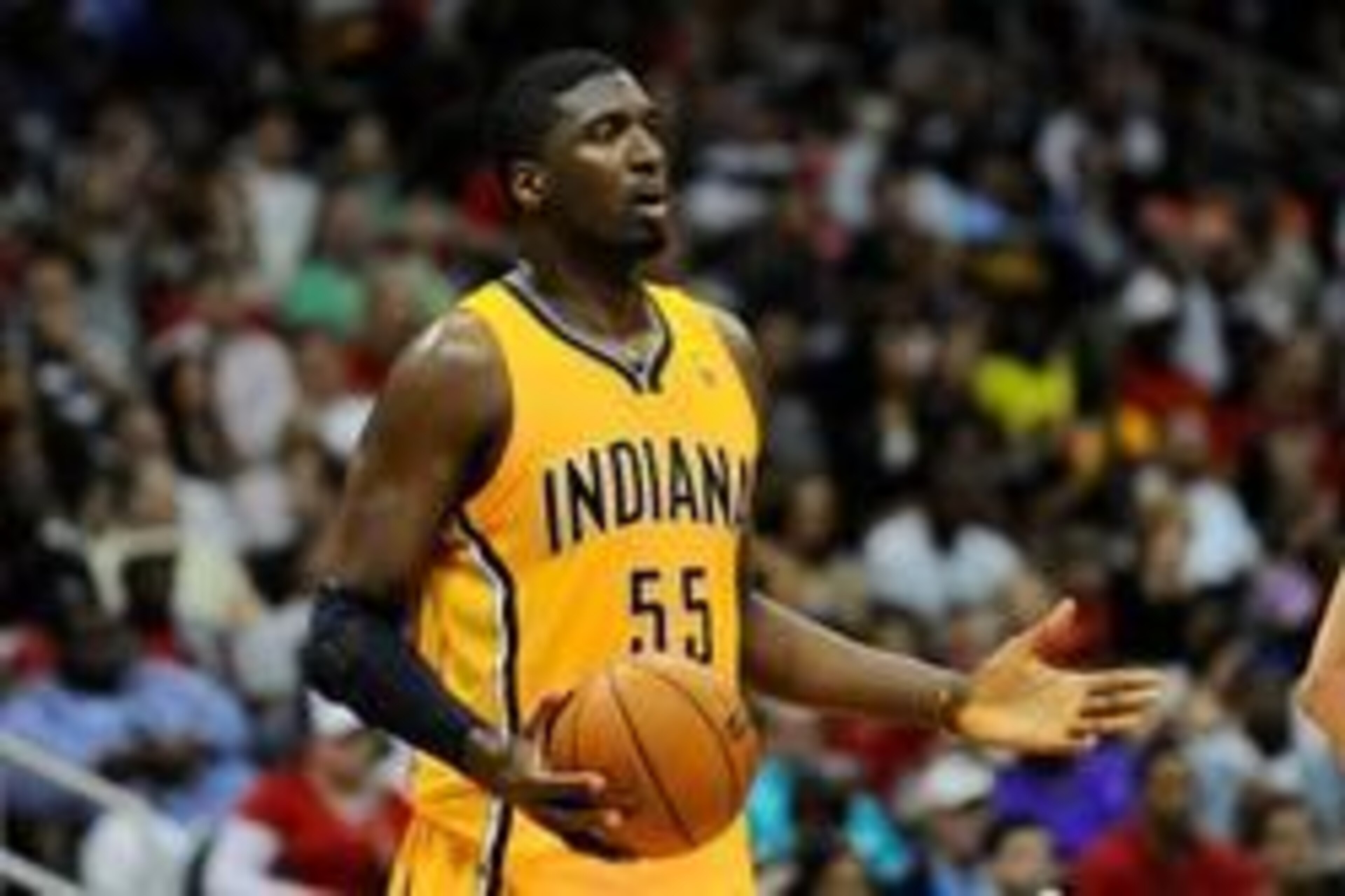 Apr 26, 2014; Atlanta, GA, USA; Indiana Pacers center Roy Hibbert (55) reacts to a play against the Atlanta Hawks during the second half in game four of the first round of the 2014 NBA Playoffs at Philips Arena. The Pacers defeated the Hawks 91-88. Mandat