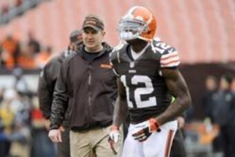 Dec 1, 2013; Cleveland, OH, USA; Cleveland Browns head coach Rob Chudzinski and wide receiver Josh Gordon (12) before the game against the Jacksonville Jaguars at FirstEnergy Stadium. Mandatory Credit: Ken Blaze-USA TODAY Sports
