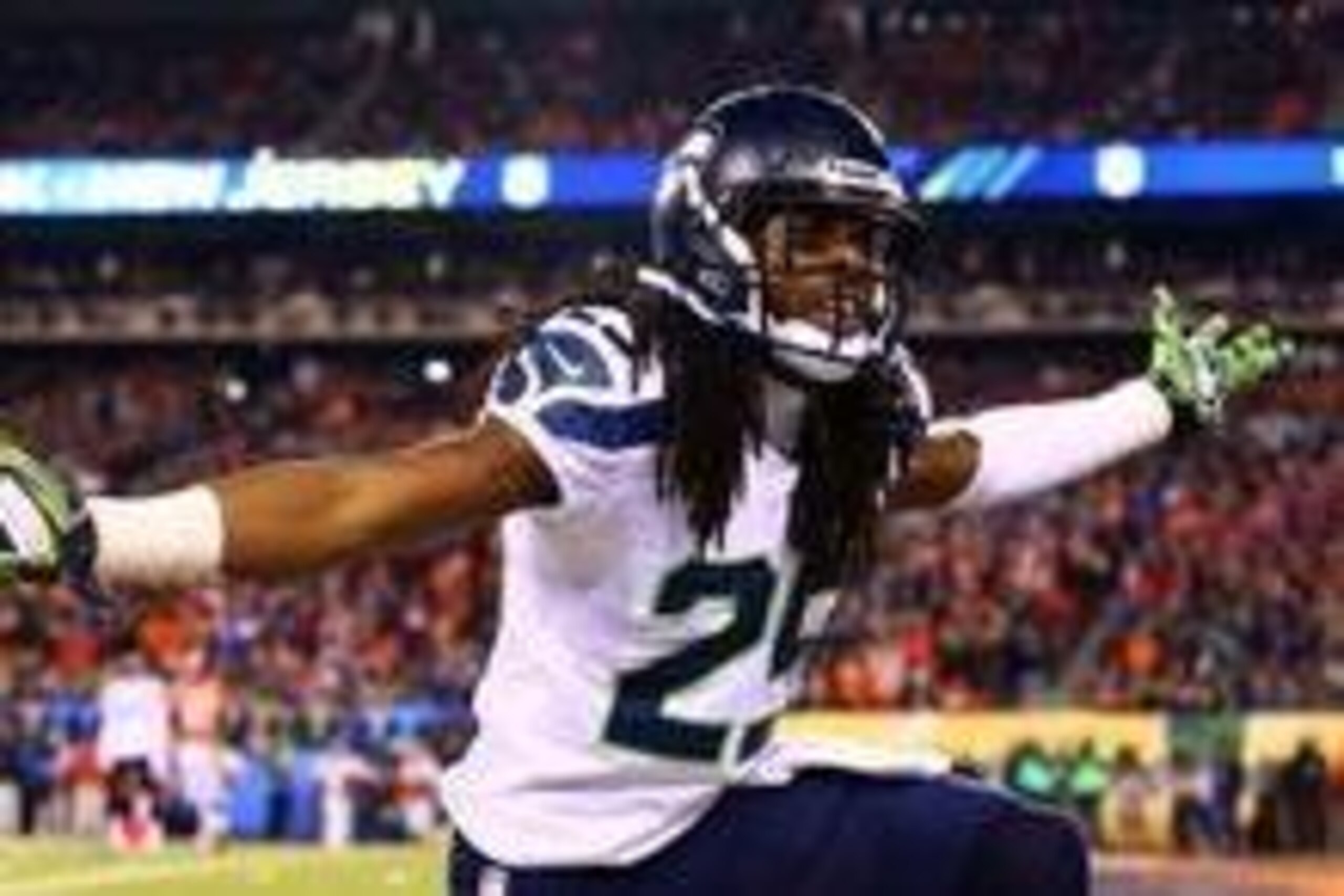 Feb 2, 2014; East Rutherford, NJ, USA; Seattle Seahawks cornerback Richard Sherman (25) reacts during the third quarter against the Denver Broncos in Super Bowl XLVIII at MetLife Stadium.  Mandatory Credit: Mark J. Rebilas-USA TODAY Sports
