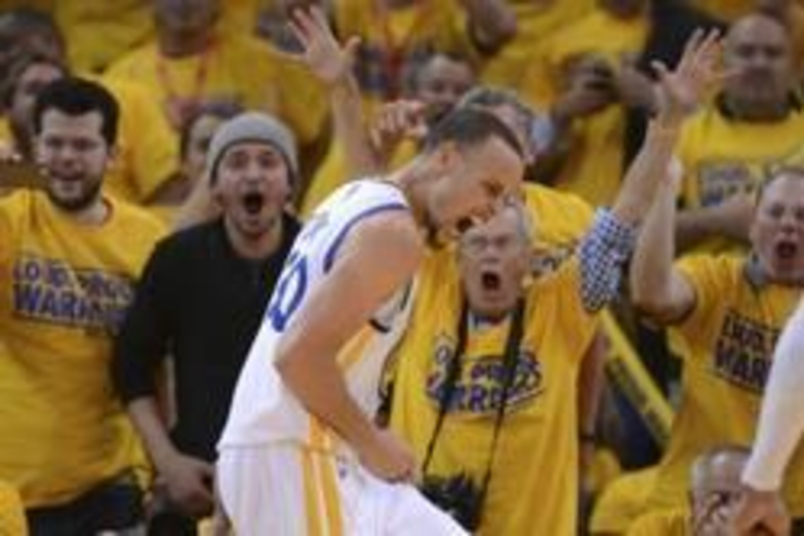 Apr 27, 2014; Oakland, CA, USA; Golden State Warriors guard Stephen Curry (30) celebrates after blocking the shot of Los Angeles Clippers guard J.J. Redick (4, not pictured) during the fourth quarter in game four of the first round of the 2014 NBA Playoff