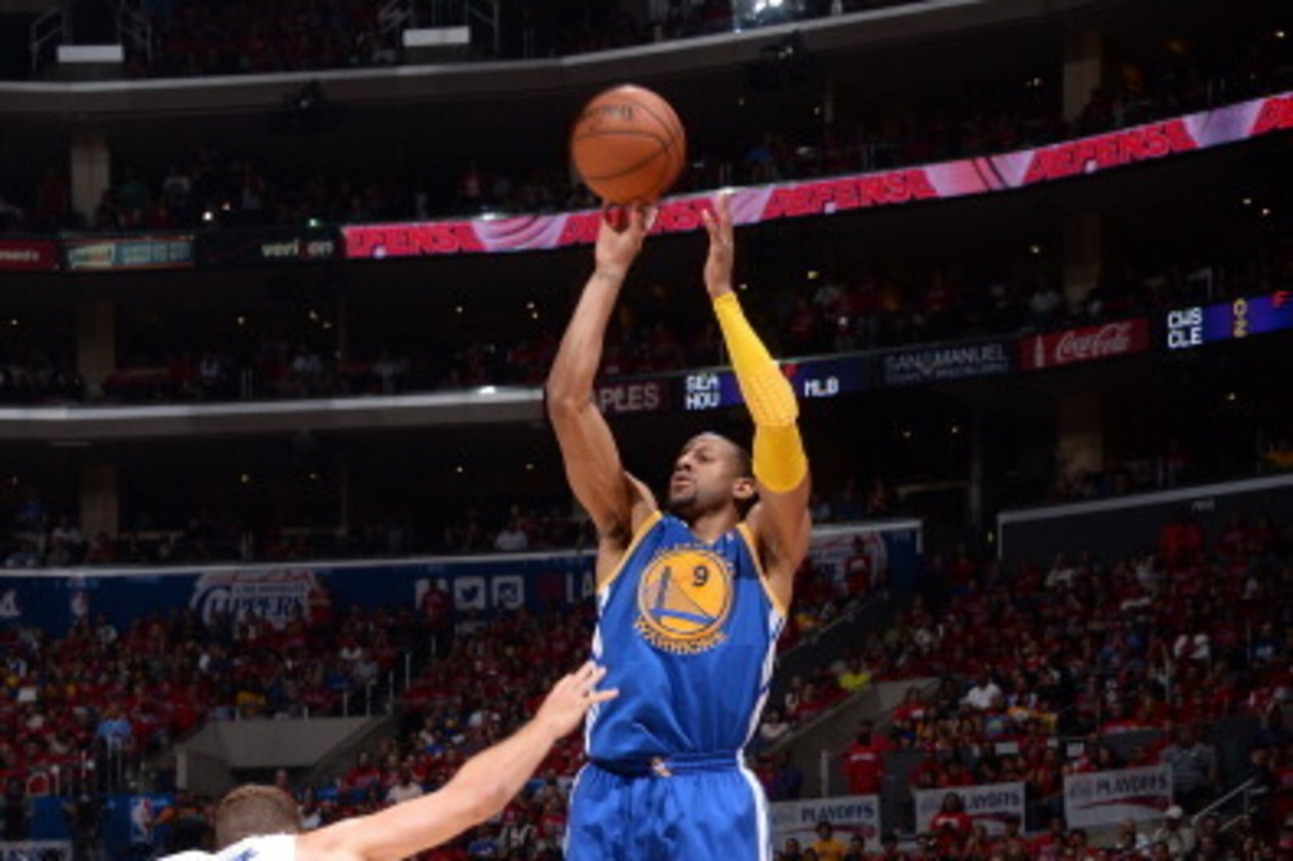 LOS ANGELES, CA - MAY 3: Andre Iguodala #9 of the Golden State Warriors shoots against the Los Angeles Clippers in Game Seven of the Western Conference Quarterfinals during the 2014 NBA Playoffs at Staples Center on May 3, 2014 in Los Angeles, California.