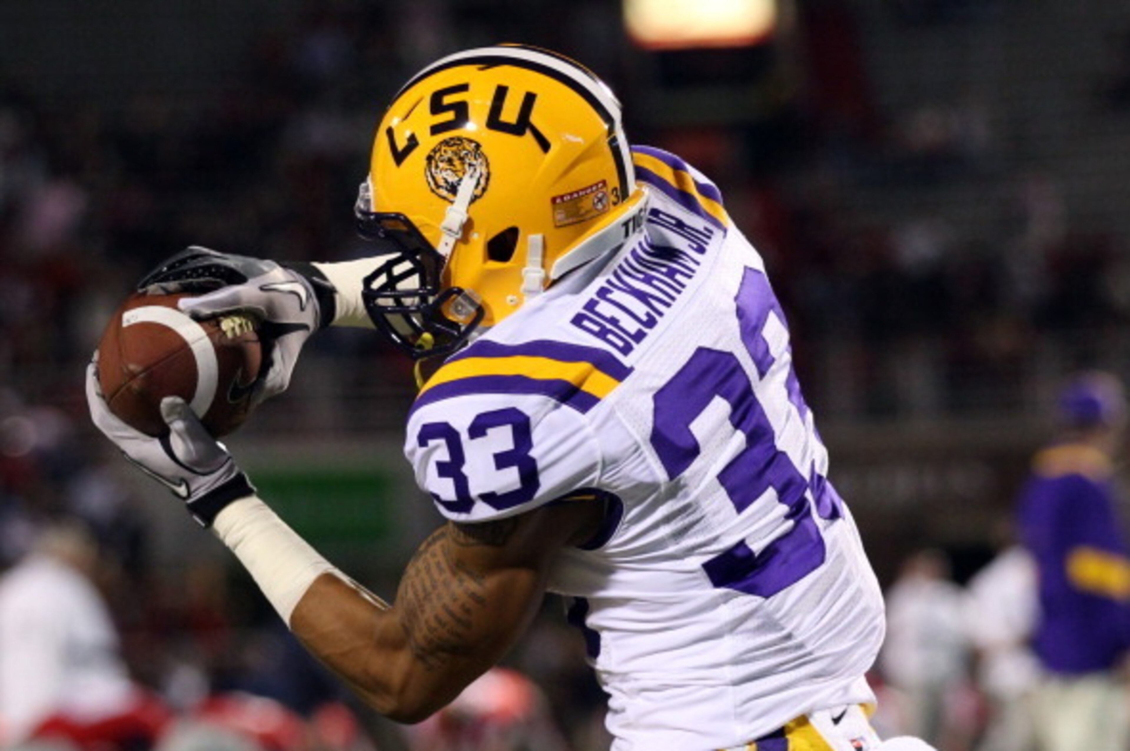 OXFORD, MS - NOVEMBER 19: Odell Beckham, Jr. #33 of the LSU Tigers catches a pass during warmups before a game against the Ole Miss Rebels on November 19, 2011 at Vaught-Hemingway Stadium in Oxford, Mississippi. LSU beat Mississippi 52-3. (Photo by Joe Mu