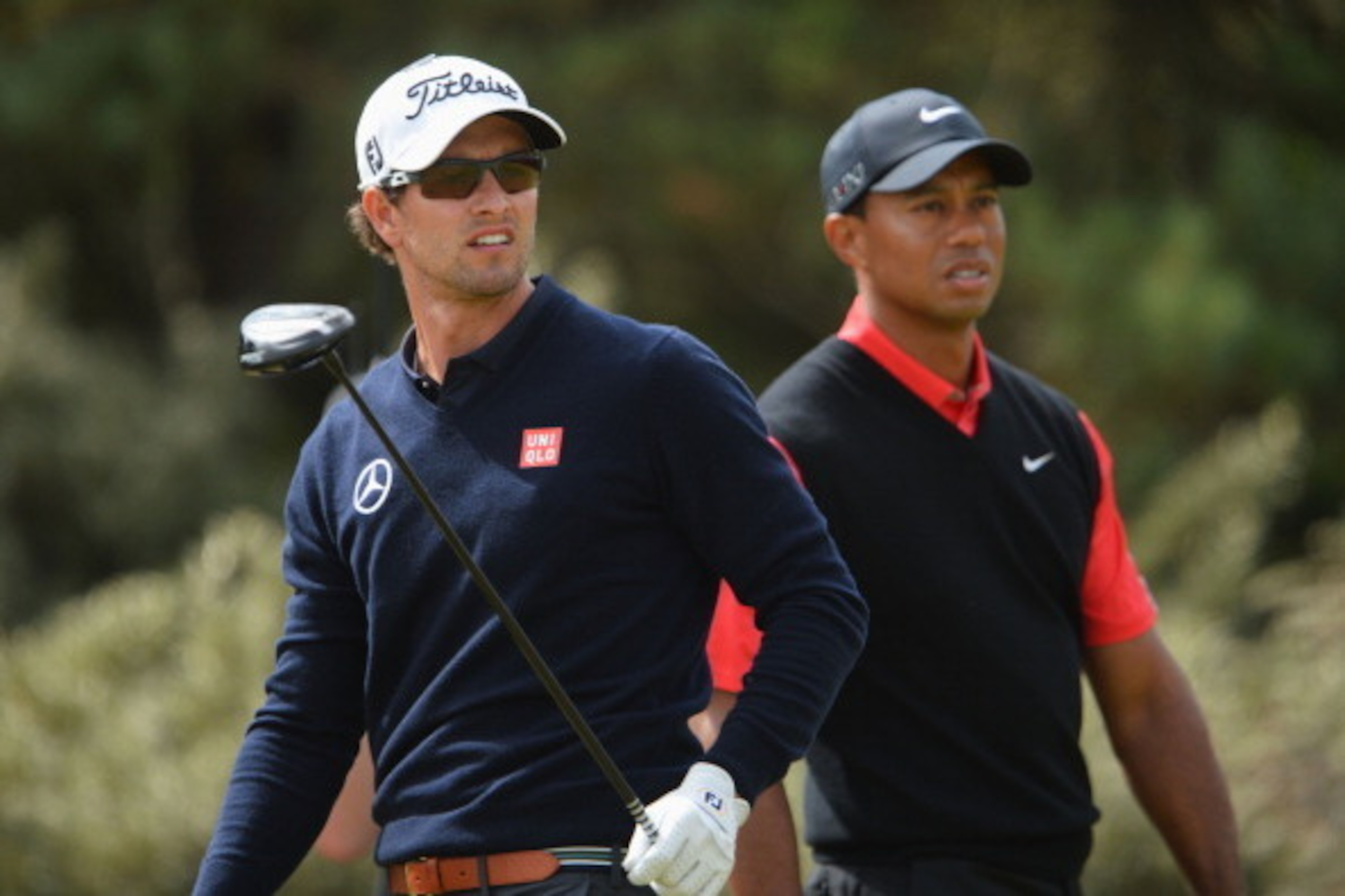 GULLANE, SCOTLAND - JULY 21:  Adam Scott of Australia stands alongside Tiger Woods of the United States on the 3rd tee during the final round of the 142nd Open Championship at Muirfield on July 21, 2013 in Gullane, Scotland.  (Photo by Stuart Franklin/Get