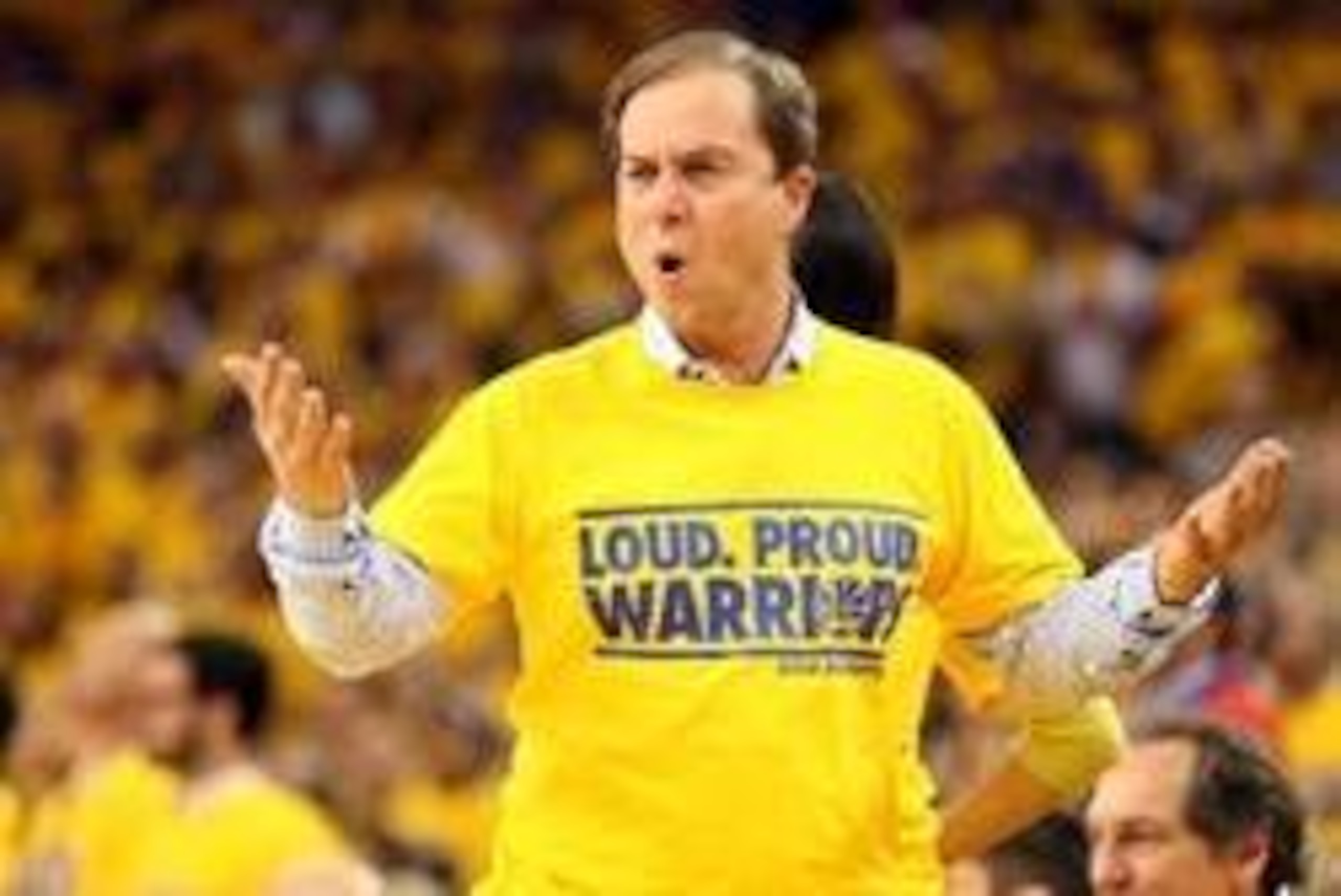 Apr 24, 2014; Oakland, CA, USA; Golden State Warriors owner Joe Lacob reacts after a call against the Los Angeles Clippers during the fourth quarter of game three of the first round of the 2014 NBA Playoffs at Oracle Arena. The Los Angeles Clippers defeat