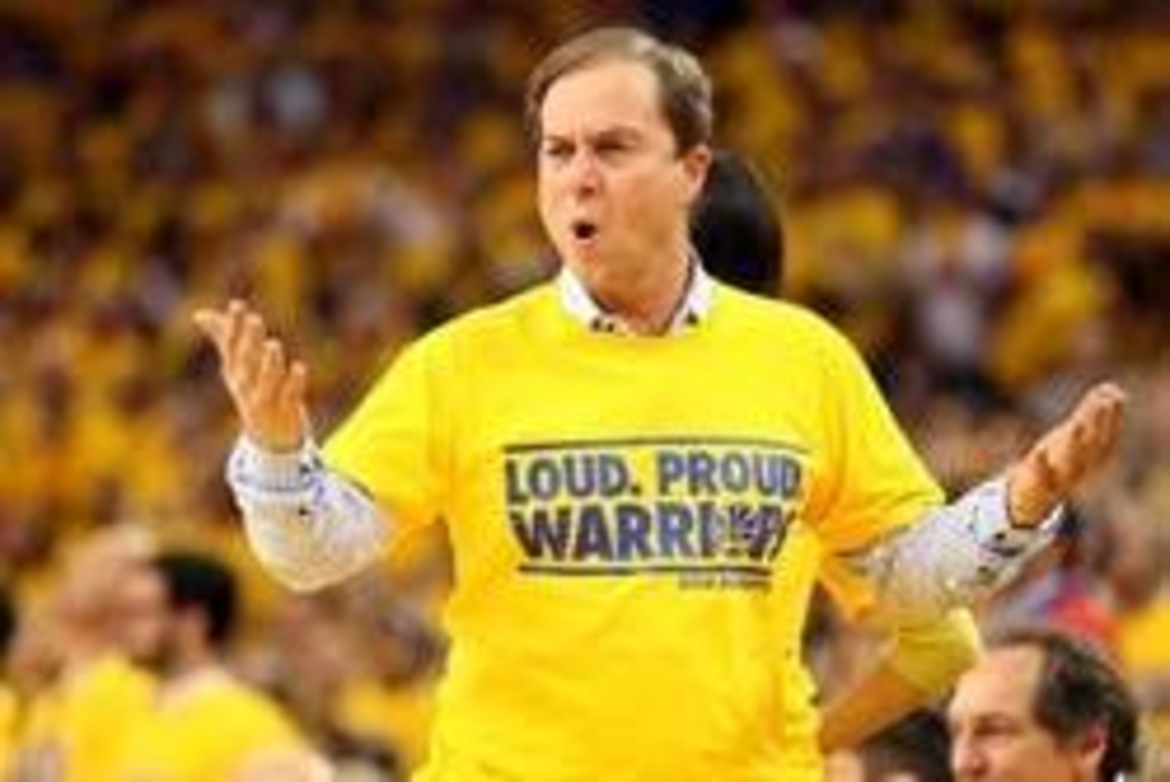 Apr 24, 2014; Oakland, CA, USA; Golden State Warriors owner Joe Lacob reacts after a call against the Los Angeles Clippers during the fourth quarter of game three of the first round of the 2014 NBA Playoffs at Oracle Arena. The Los Angeles Clippers defeat