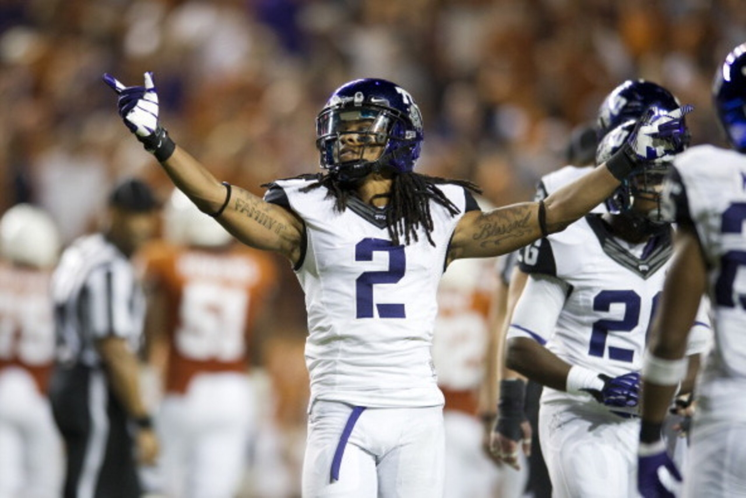 AUSTIN, TX - NOVEMBER 22:  Jason Verrett #2 of the TCU Horned Frogs celebrates after an interception that lead to the TCU victory over the Texas Longhorns on November 22, 2012 at Darrell K Royal-Texas Memorial Stadium in Austin, Texas.  (Photo by Cooper N