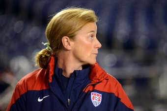SAN DIEGO, CA - APRIL 10:  Interim head coach Jill Ellis of the United States stands near the bench prior to the game against China during an international firendly match at Qualcomm Stadium on April 10, 2014 in San Diego, California. (Photo by Kent C. Ho