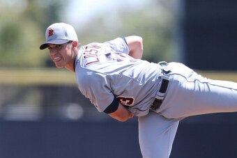 DUNEDIN, FL - MARCH 22:  Kyle Lobstein #53 of the Detroit Tigers pitches in the second inning of the game against Toronto Blue Jays at Florida Auto Exchange Stadium on March 22, 2014 in Dunedin, Florida. The Blue Jays defeated the Tigers 9-4.  (Photo by L