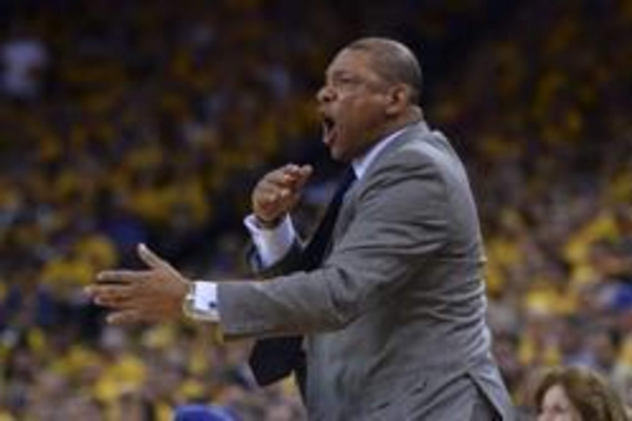 Apr 27, 2014; Oakland, CA, USA; Los Angeles Clippers head coach Doc Rivers reacts against the Golden State Warriors during the first quarter in game four of the first round of the 2014 NBA Playoffs at Oracle Arena. Mandatory Credit: Kyle Terada-USA TODAY 