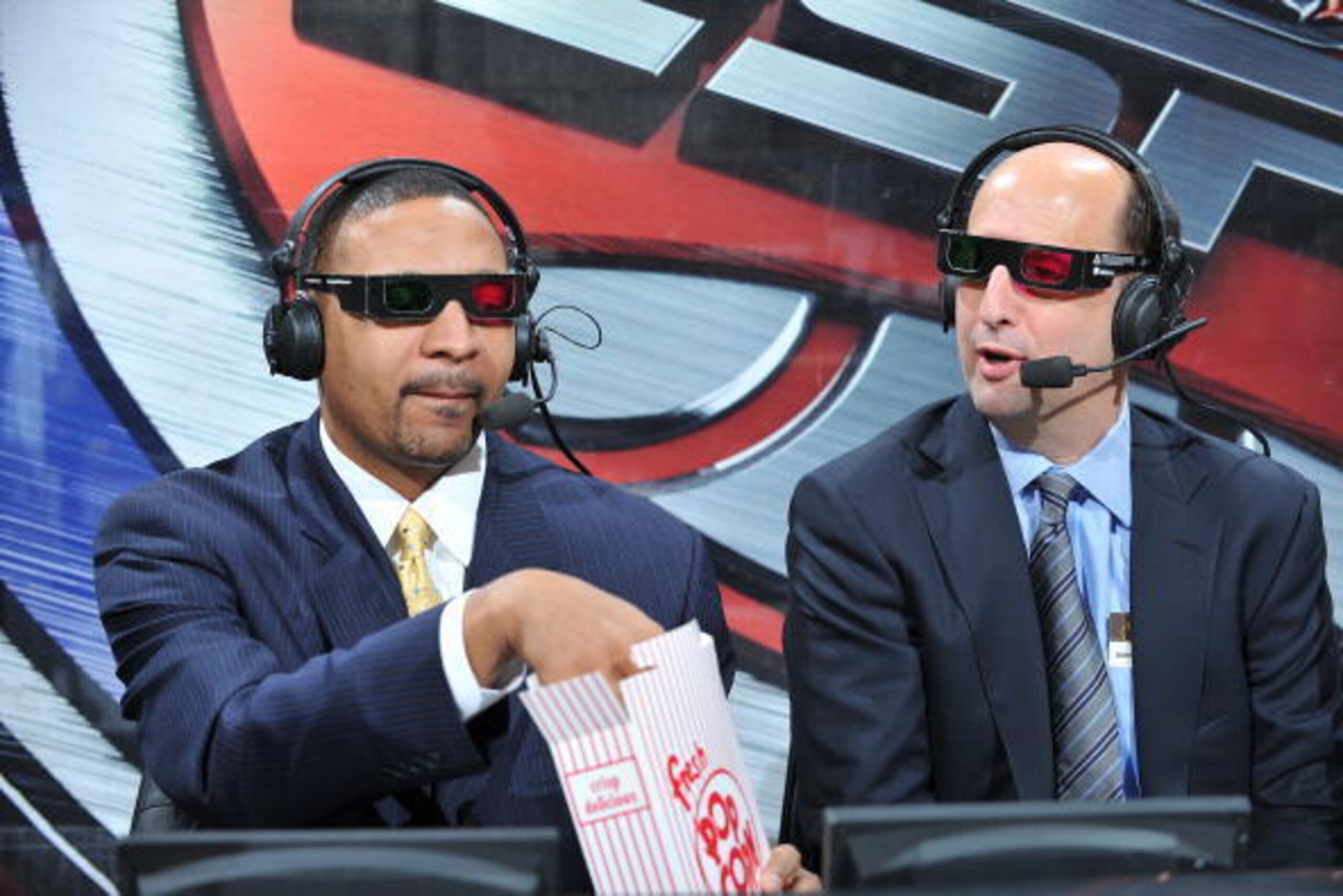 DENVER - JANUARY 8: Mark Jackson and Jeff Van Gundy try out their 3D glasses prior to the Denver Nuggets game against the Cleveland Cavaliers on January 8, 2010 at the Pepsi Center in Denver, Colorado. NOTE TO USER: User expressly acknowledges and agrees 
