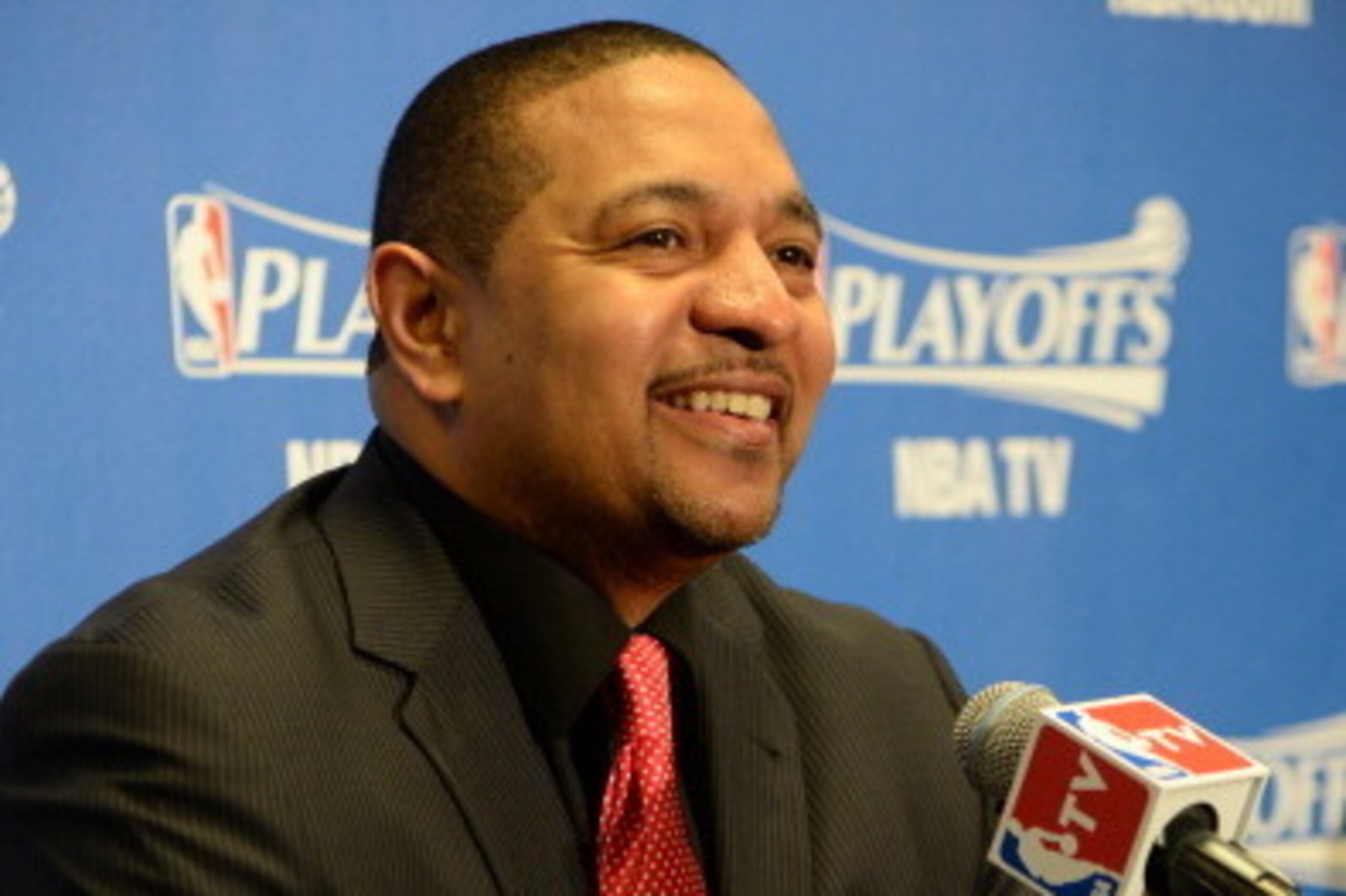 LOS ANGELES, CA - MAY 3: Mark Jackson of the Golden State Warriors addresses the media before Game Seven of the Western Conference Quarterfinals against the Los Angeles Clippers during the 2014 NBA Playoffs at Staples Center on May 3, 2014 in Los Angeles,