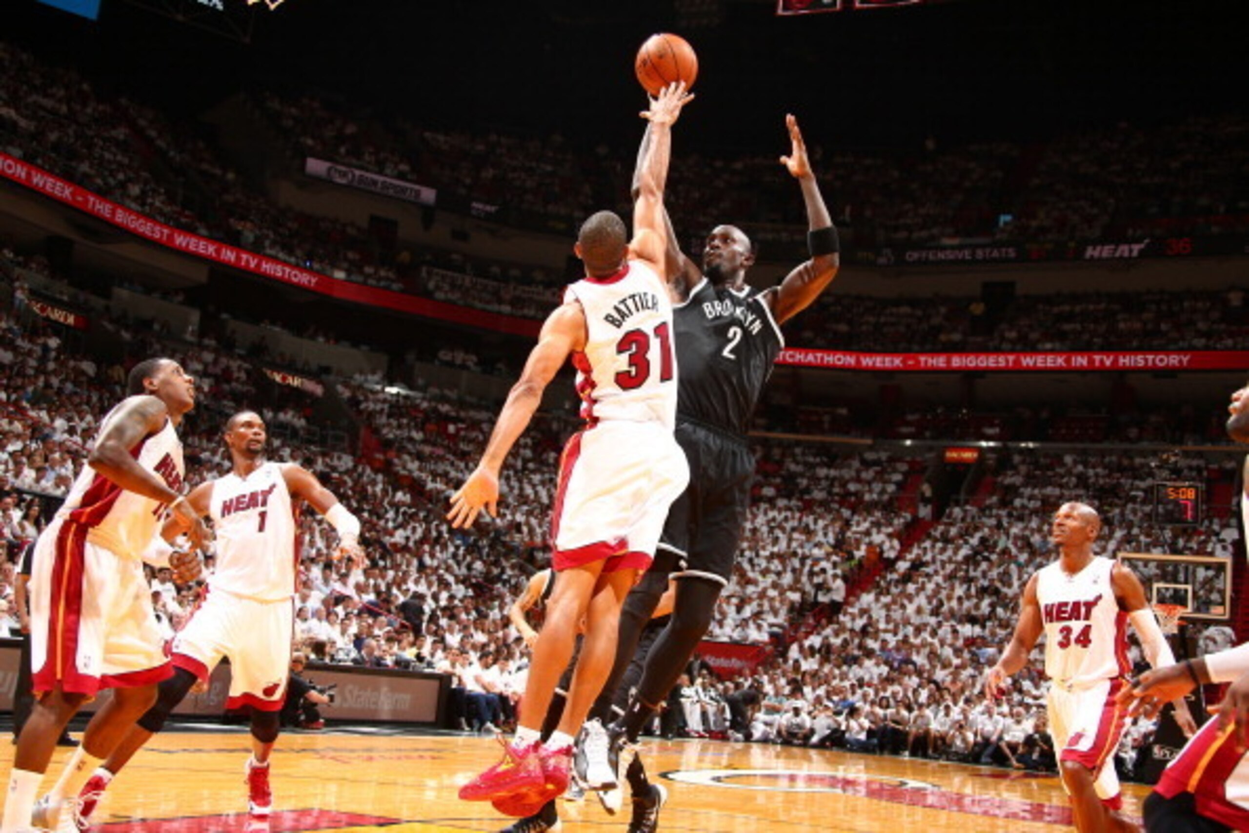 MIAMI, FL - MAY 6:  Kevin Garnett #2 of the Brooklyn Nets goes up for the shot against the Miami Heat in Game One of the Eastern Conference Semifinals of the 2014 NBA playoffs at American Airlines Arena in Miami, Florida on May 6, 2014.  NOTE TO USER: Use
