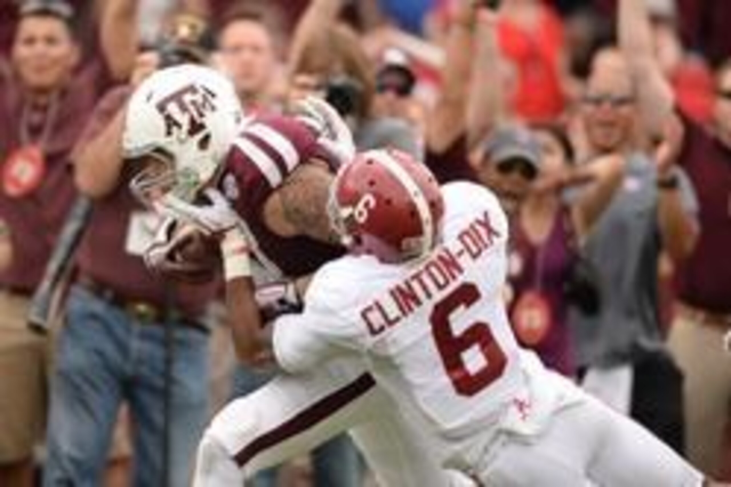 Sep 14, 2013; College Station, TX, USA; Texas A&M Aggies wide receiver Mike Evans (13) runs after a catch against Alabama Crimson Tide defensive back Ha Ha Clinton-Dix (6) during the first half at Kyle Field. Mandatory Credit: Thomas Campbell-USA TODAY Sp