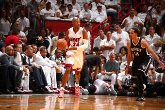 MIAMI, FL - MAY 6:  Ray Allen #34 of the Miami Heat looks up court against the Brooklyn Nets in Game One of the Eastern Conference Semifinals of the 2014 NBA playoffs at American Airlines Arena in Miami, Florida on May 6, 2014.  NOTE TO USER: User express