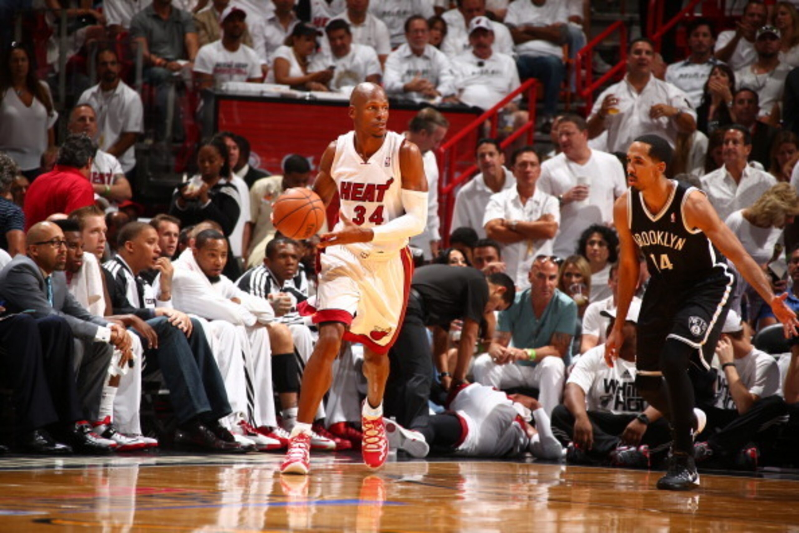 MIAMI, FL - MAY 6:  Ray Allen #34 of the Miami Heat looks up court against the Brooklyn Nets in Game One of the Eastern Conference Semifinals of the 2014 NBA playoffs at American Airlines Arena in Miami, Florida on May 6, 2014.  NOTE TO USER: User express