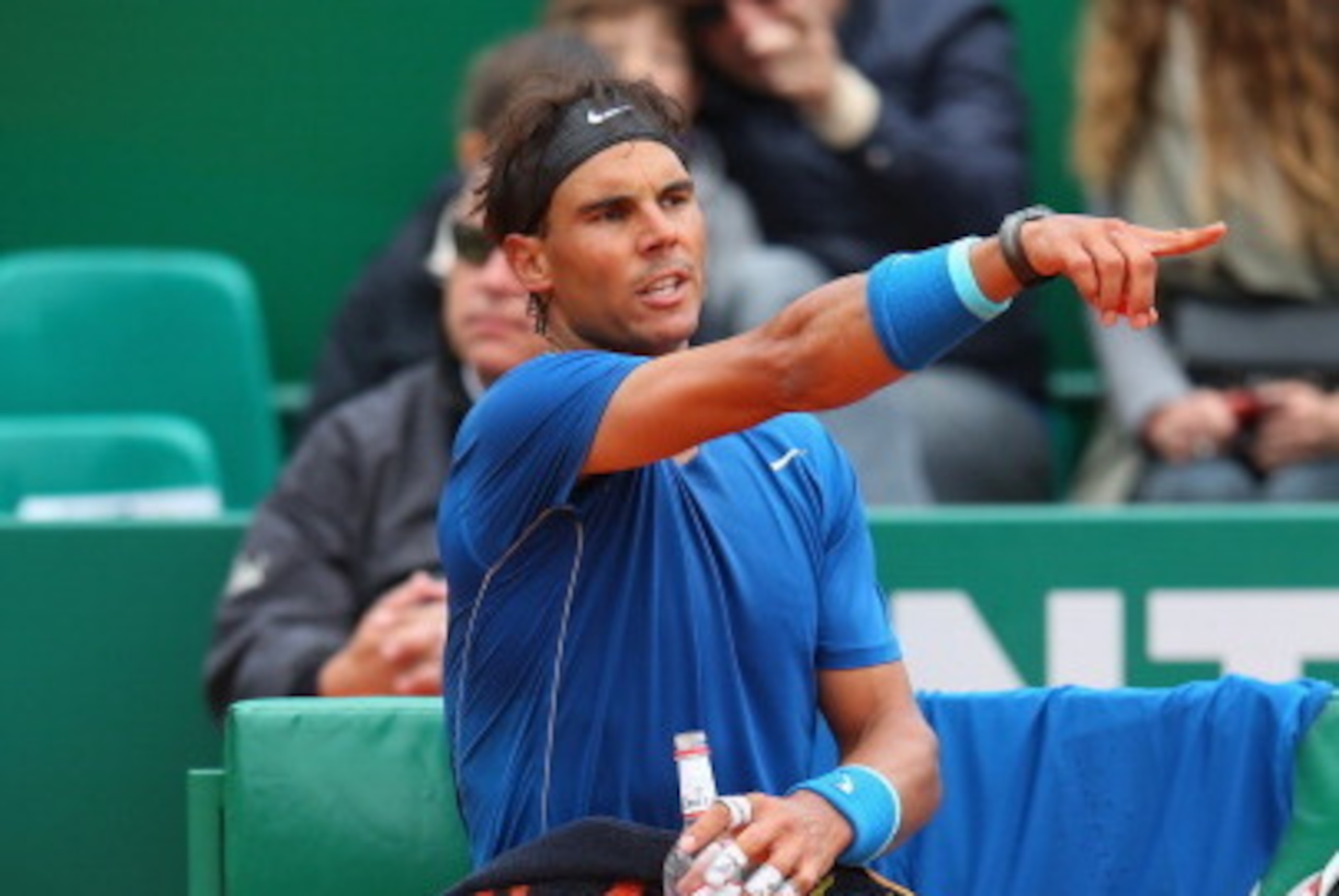 MONTE-CARLO, MONACO - APRIL 16:  Rafael Nadal of Spain reacts to a penalty after taking too much time between serves against Teymuraz Gabashvili of Russia during day four of the ATP Monte Carlo Rolex Masters Tennis at Monte-Carlo Sporting Club on April 16