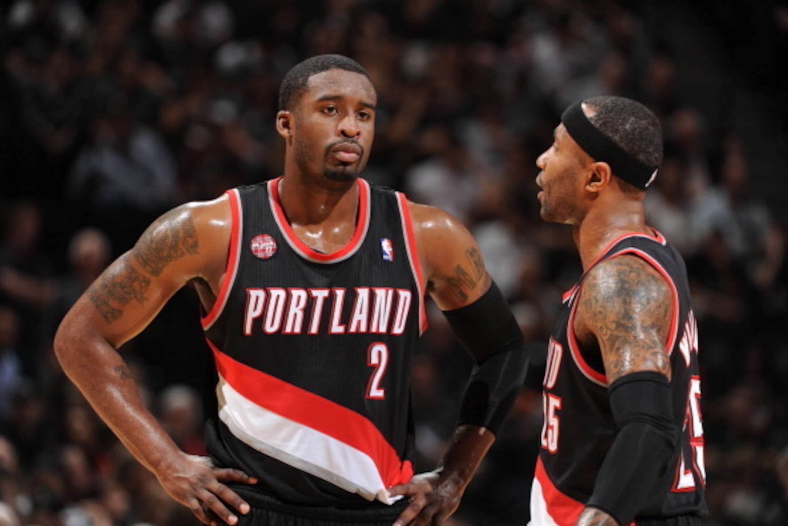 SAN ANTONIO, TX - MAY 6: Wesley Matthews #2 and Mo Williams #25 of the Portland Trail Blazers talk in Game One of the Western Conference Semi-Finals against the San Antonio Spurs during the 2014 NBA Playoffs at AT&T Center on May 6, 2014 in San Antonio, T