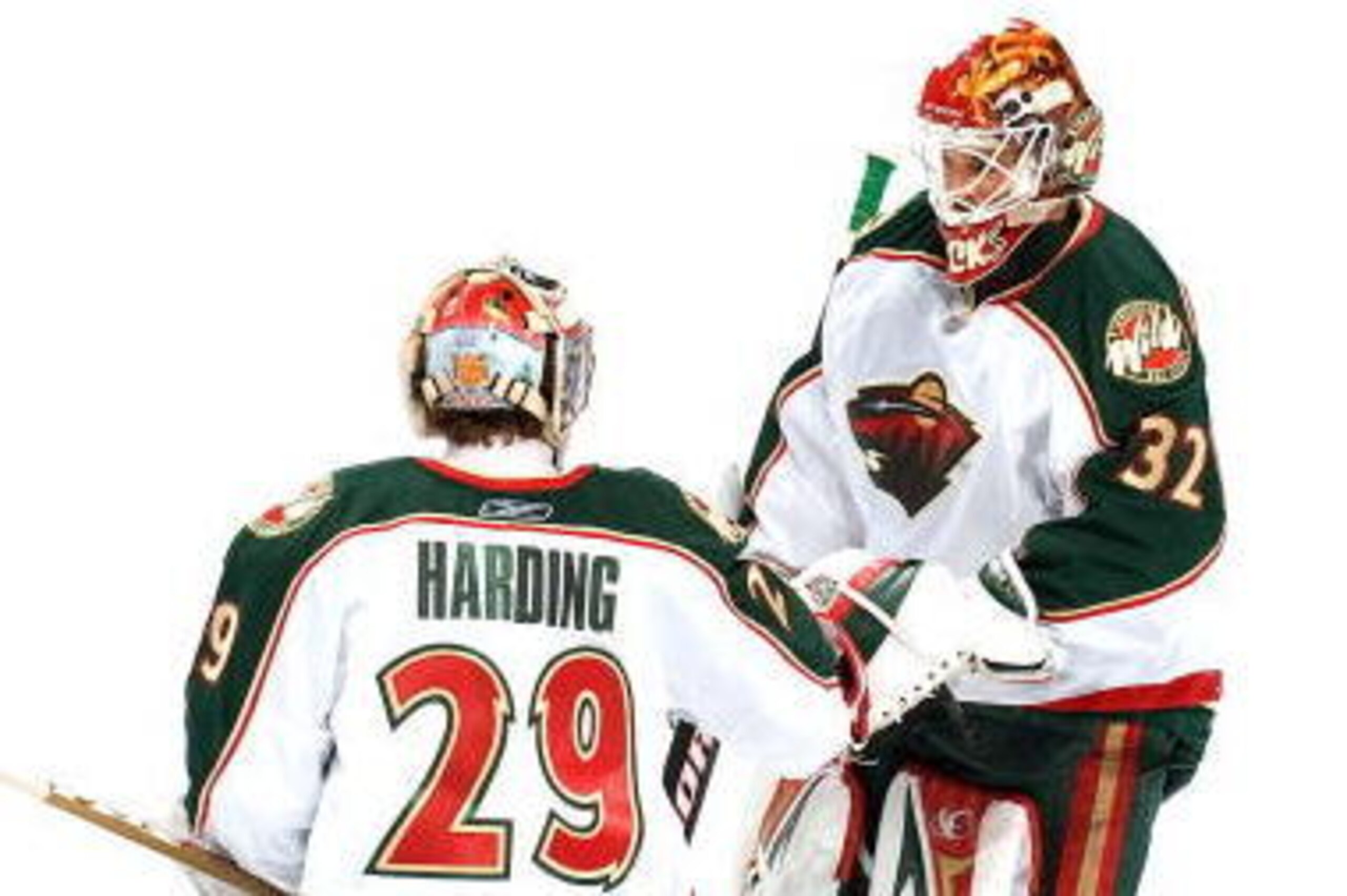 EDMONTON, CANADA - JANUARY 30:  Josh Harding #29 takes over as Niklas Backstrom #32 of the Minnesota Wild is pulled during second period action against the Edmonton Oilers at Rexall Place on January 30, 2009 in Edmonton, Alberta, Canada.  (Photo by Andy D