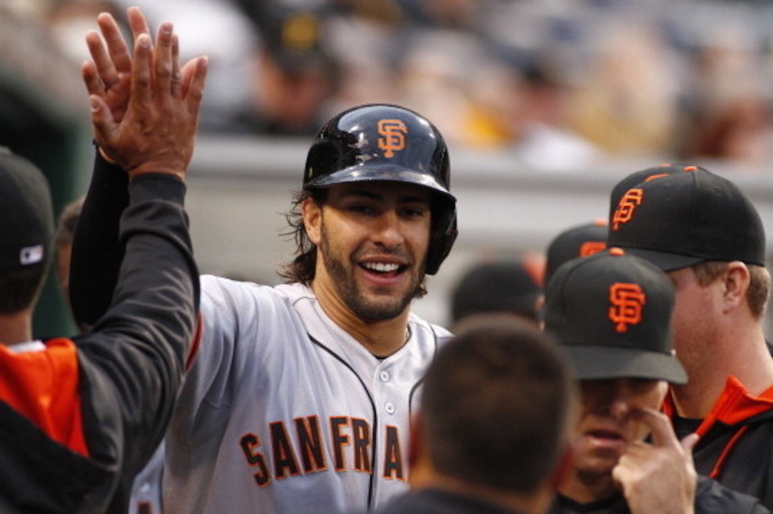 PITTSBURGH, PA - MAY 05:  Michael Morse #38 of the San Francisco Giants celebrates after scoring on a RBI single in the first inning against the Pittsburgh Pirates during the game at PNC Park May 5, 2014 in Pittsburgh, Pennsylvania.  (Photo by Justin K. A