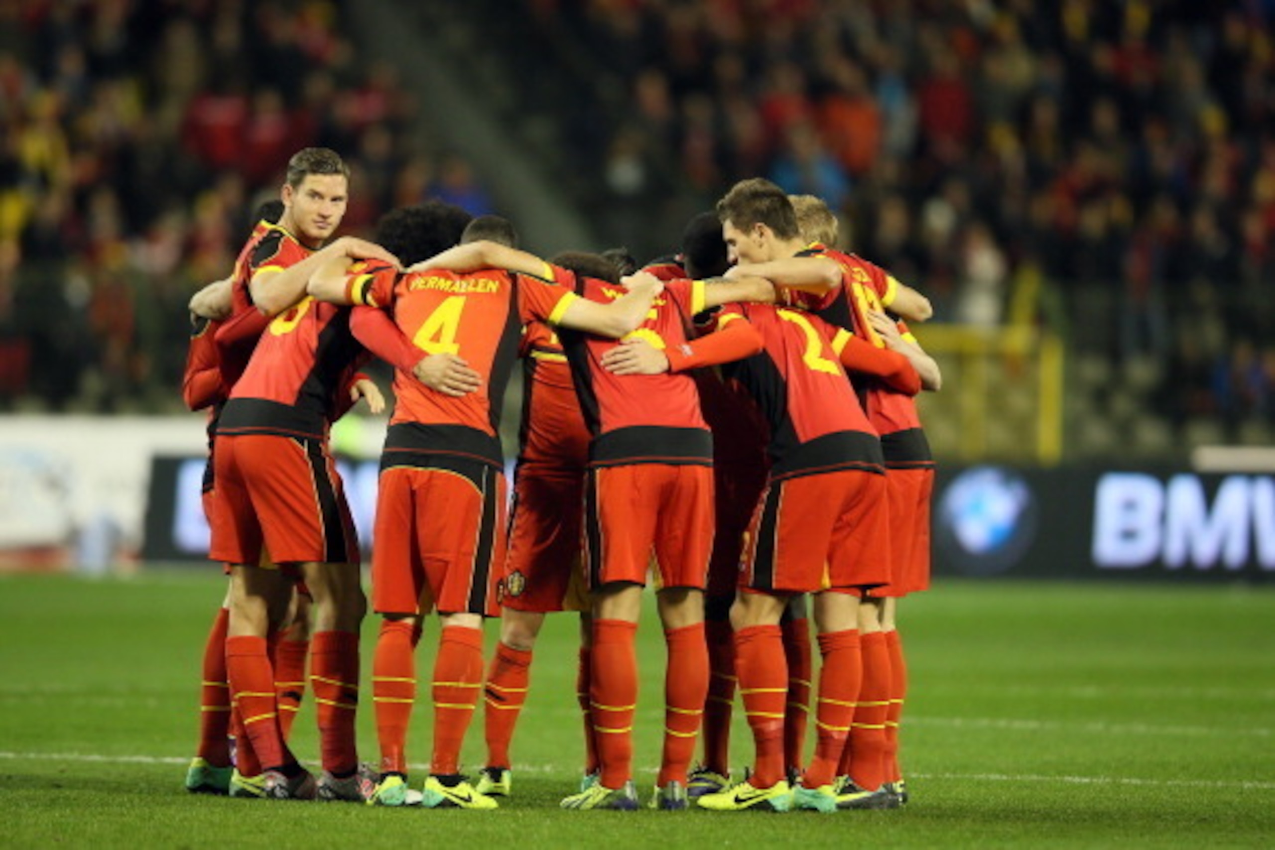 BRUSSELS, BELGIUM - NOVEMBER 14: The team of Belgium comes together prior to the international friendly match between Belgium and Colombia at King Badouin stadium on November 14, 2013 in Brussels, Belgium. (Photo by Christof Koepsel/Bongarts/Getty Images)