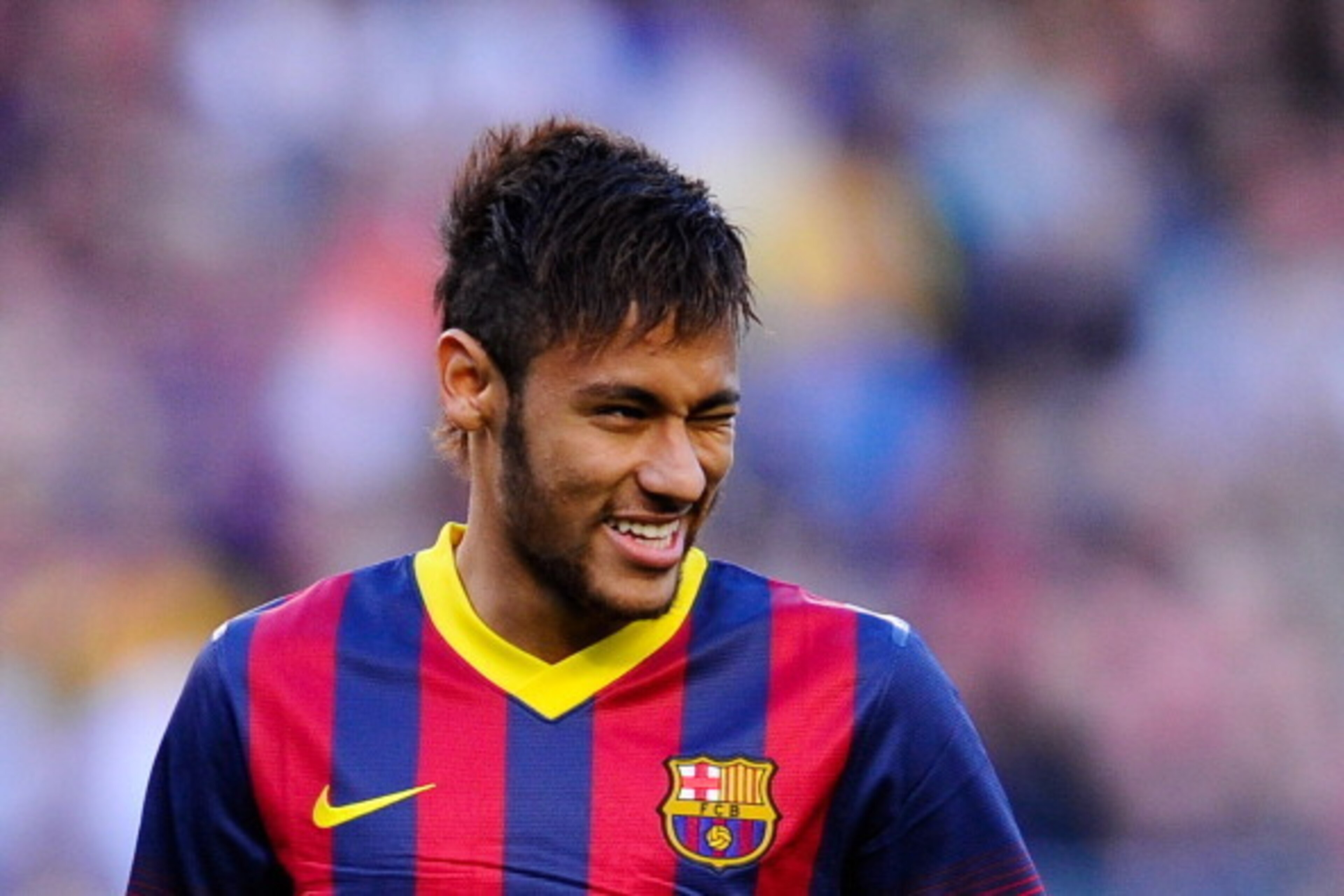 BARCELONA, SPAIN - APRIL 05:  Neymar of FC Barcelona winks at his teammates during the La Liga match between FC Barcelona and Real Betis Balompie at Camp Nou on April 5, 2014 in Barcelona, Spain.  (Photo by David Ramos/Getty Images)