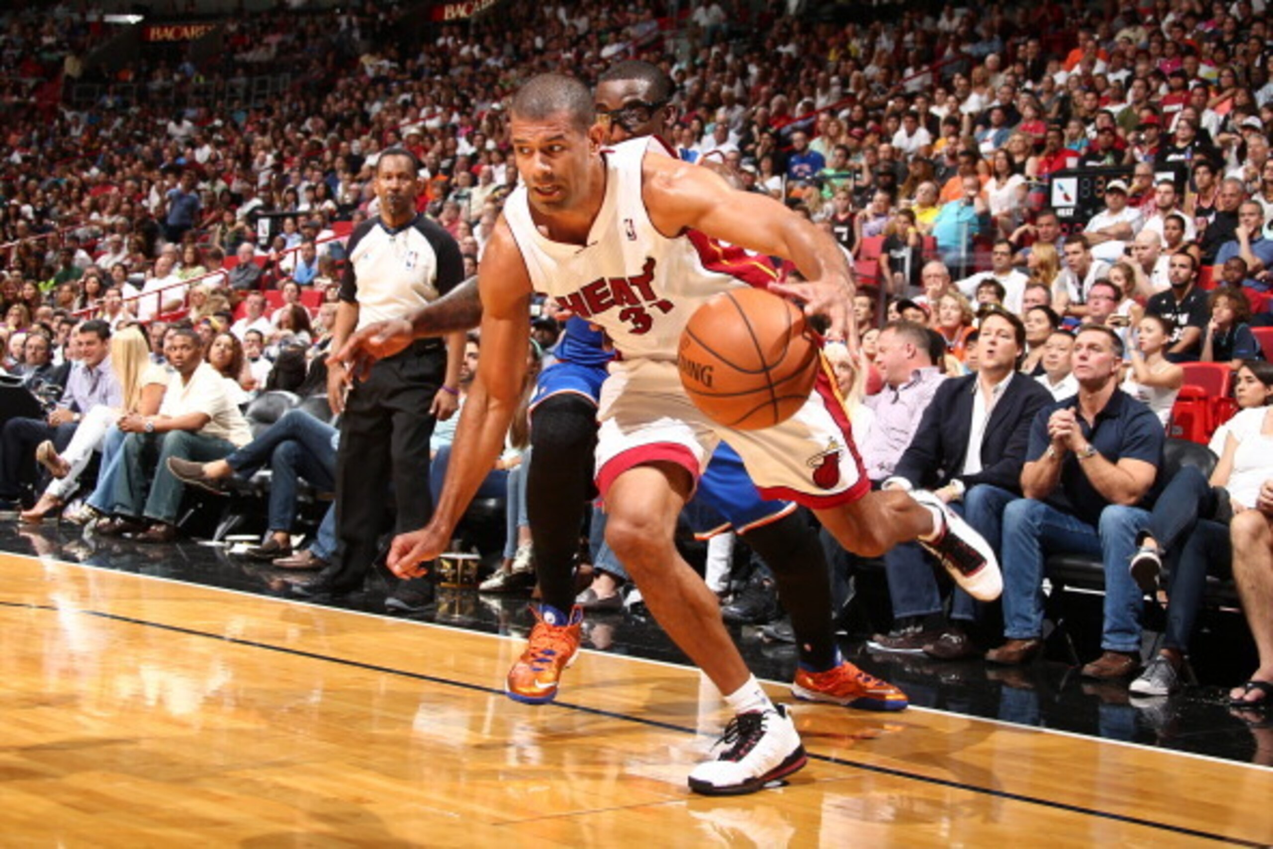 MIAMI, FL - APRIL 6: Shane Battier #31 of the Miami Heat drives to the basket during the game against the New York Knicks on April 6, 2014 at American Airlines Arena in Miami, Florida.  NOTE TO USER: User expressly acknowledges and agrees that, by downloa