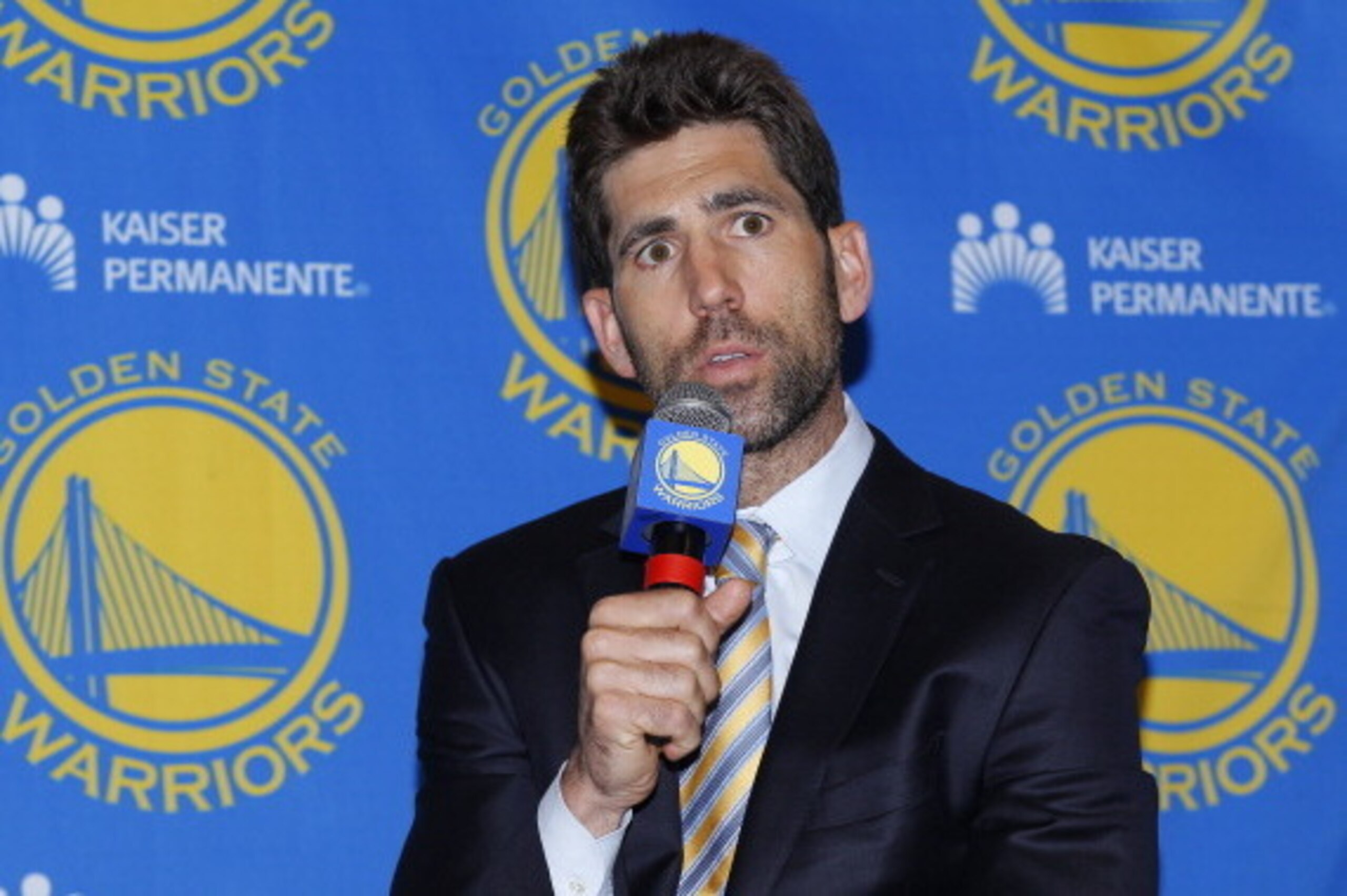 OAKLAND, CA - JUly 11:  Bob Myers of the Golden State Warriors speaks to the media on July 11, 2013 at the GS Warriors practice facility in Oakland, California. NOTE TO USER: User expressly acknowledges and agrees that, by downloading and/or using this Ph