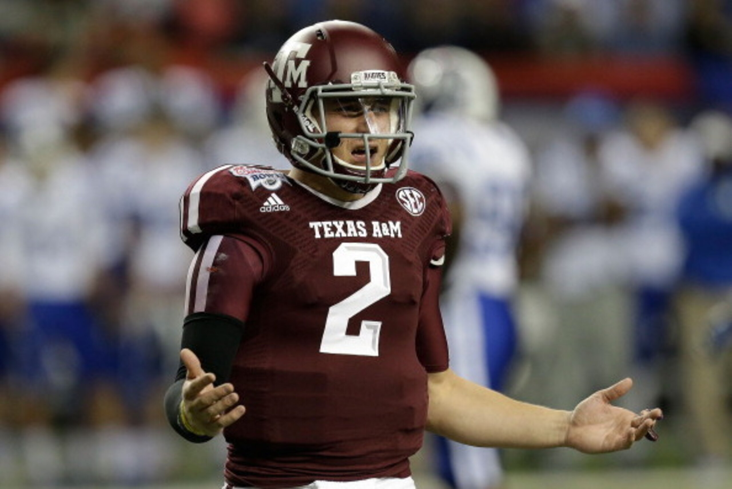 ATLANTA, GA - DECEMBER 31:  Quarterback Johnny Manziel #2 of the Texas A&M Aggies argues a call during the the Chick-fil-A Bowl game against the Duke Blue Devils at the Georgia Dome on December 31, 2013 in Atlanta, Georgia.  (Photo by Mike Zarrilli/Getty 