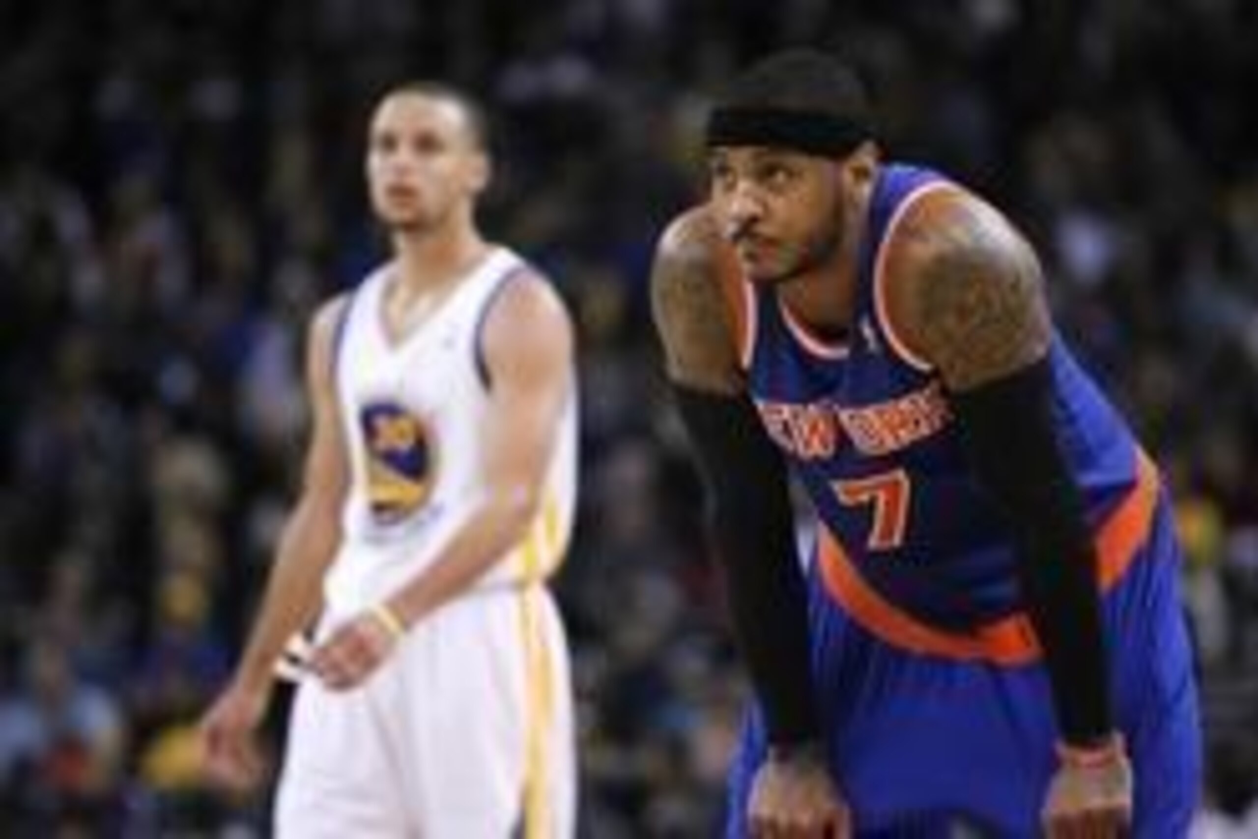 Mar 30, 2014; Oakland, CA, USA; New York Knicks forward Carmelo Anthony (7) stands on the court against the Golden State Warriors in the third quarter at Oracle Arena. The Knicks won 89-84. Mandatory Credit: Cary Edmondson-USA TODAY Sports