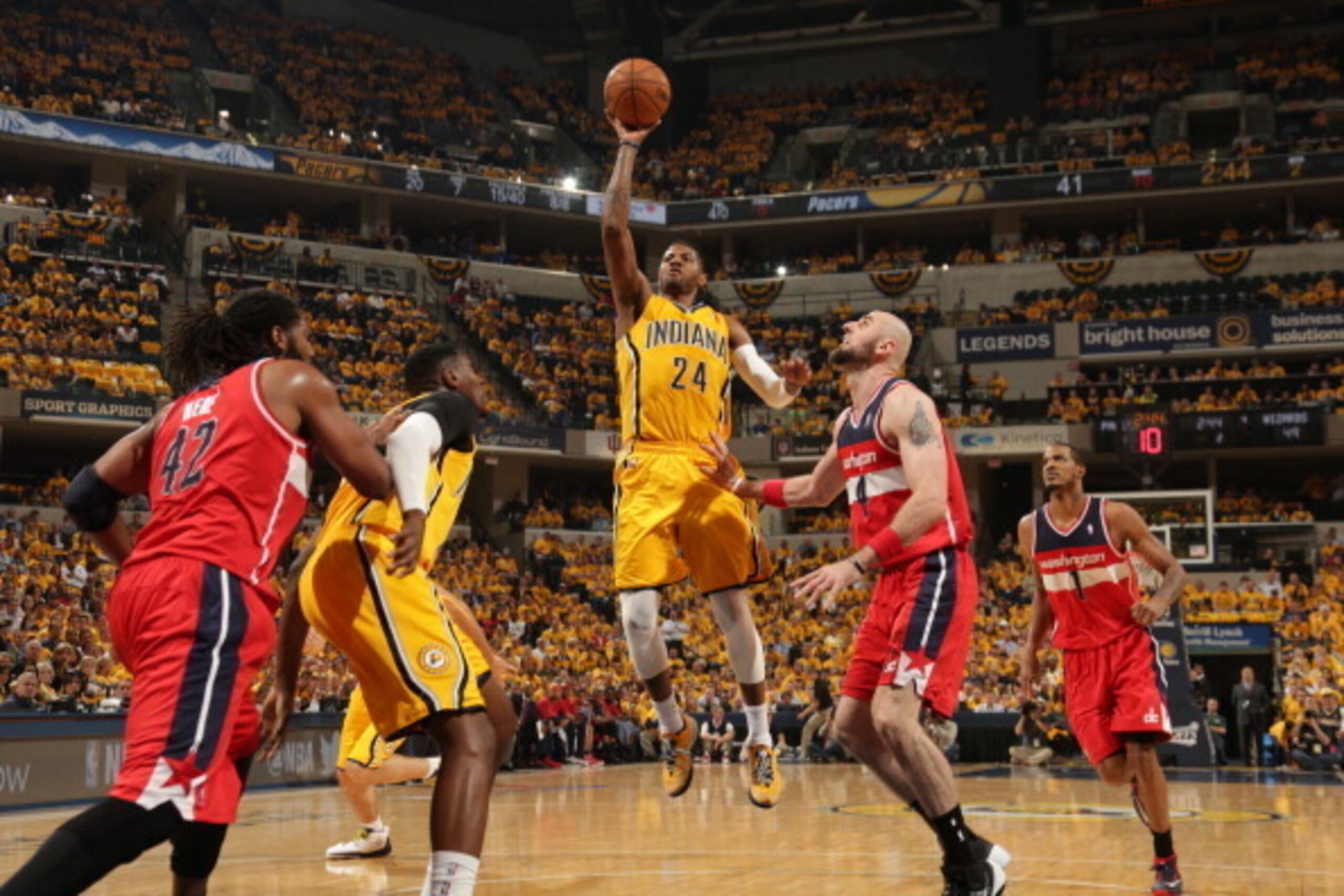 INDIANAPOLIS - MAY 5: Paul George #24 of the Indiana Pacers shoots against the Washington Wizards in Game One of the Eastern Conference Semi-Finals during the 2014 NBA Playoffs at Bankers Life Fieldhouse on May 5, 2014 in Indianapolis, Indiana.  NOTE TO U