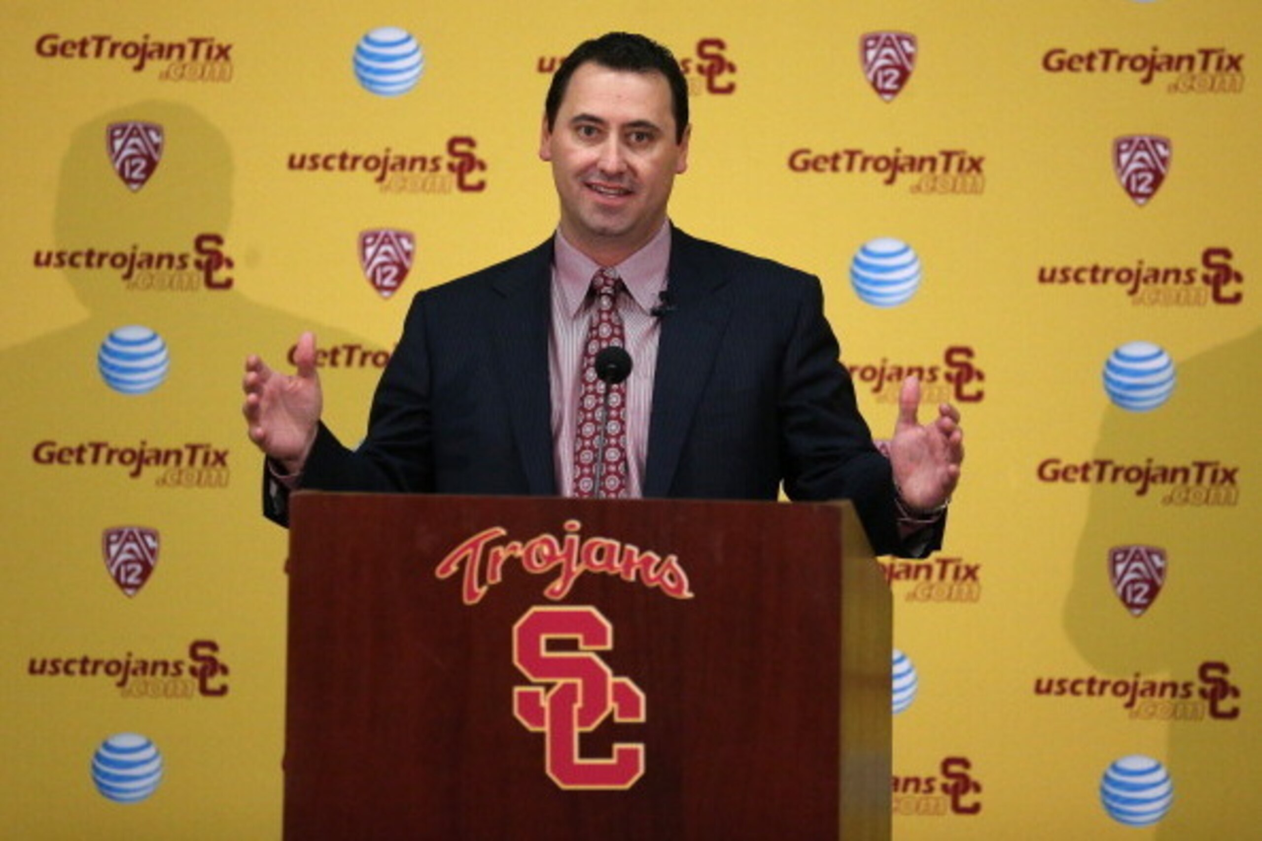 LOS ANGELES, CA - DECEMBER 03:  Steve Sarkisian speaks at a press conference introducing him as the new USC  head football coach at the John McKay Center at the University of Southern California on December 3, 2013 in Los Angeles, California.  (Photo by S
