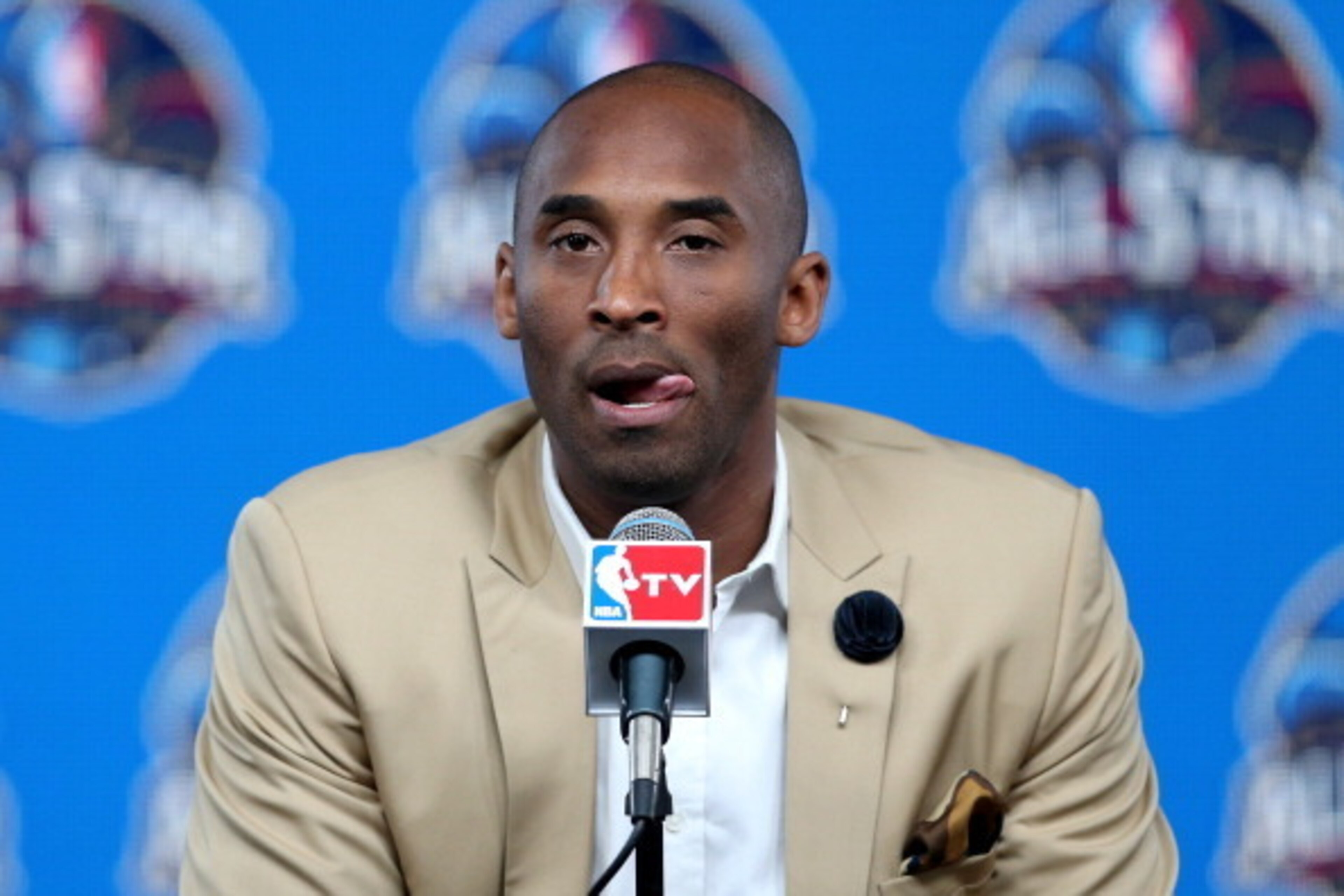 NEW ORLEANS, LA - FEBRUARY 16:  Kobe Bryant of the Los Angeles Lakers addresses the media before the 2014 NBA All-Star game at the Smoothie King Center on February 16, 2014 in New Orleans, Louisiana. NOTE TO USER: User expressly acknowledges and agrees th