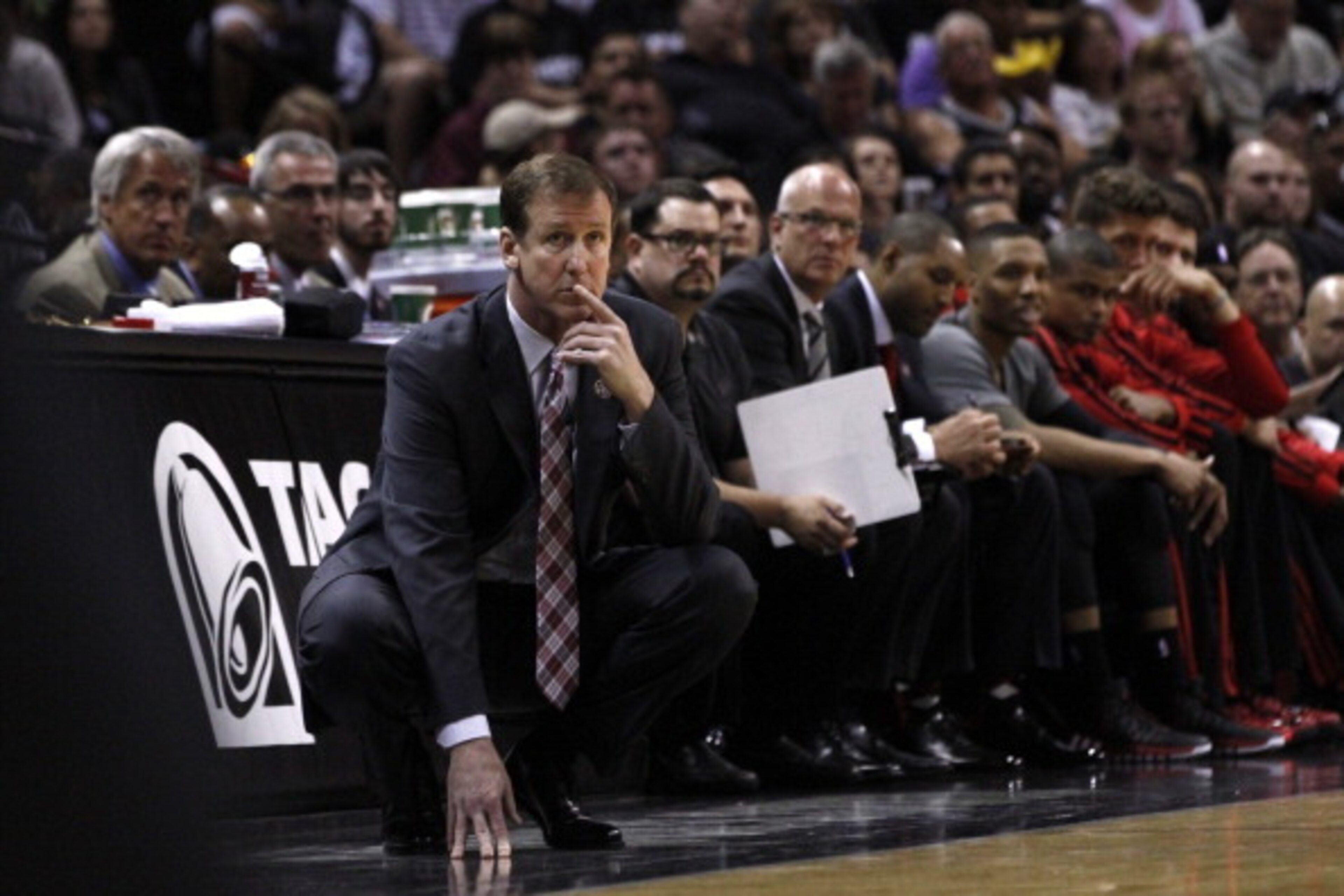 SAN ANTONIO, TX - MAY 6: Head coach Terry Stotts of the Portland Trail Blazers watches as his team is easily defeated by the San Antonio Spurs in Game One of the Western Conference Semifinals during the 2014 NBA Playoffs at the AT&T Center on May 6, 2014 SAN ANTONIO, TX - MAY 6: Head coach Terry Stotts of the Portland Trail Blazers watches as his team is easily defeated by the San Antonio Spurs in Game One of the Western Conference Semifinals during the 2014 NBA Playoffs at the AT&T Center on May 6, 2014