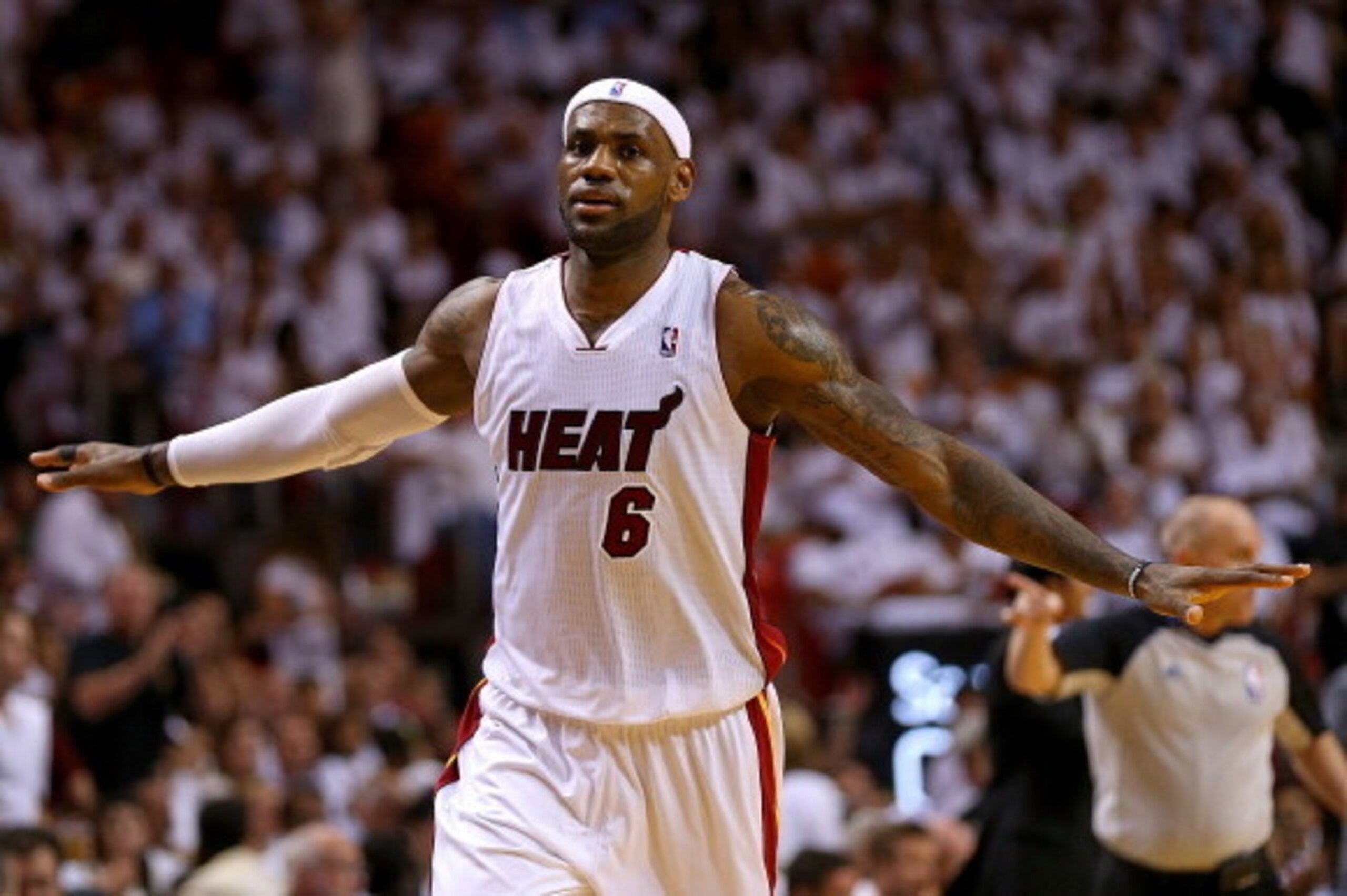 MIAMI, FL - MAY 06:  LeBron James #6 of the Miami Heat looks on during Game One of the Eastern Conference Semifinals of the 2014 NBA Playoffs against the Brooklyn Nets at American Airlines Arena on May 6, 2014 in Miami, Florida. NOTE TO USER: User express