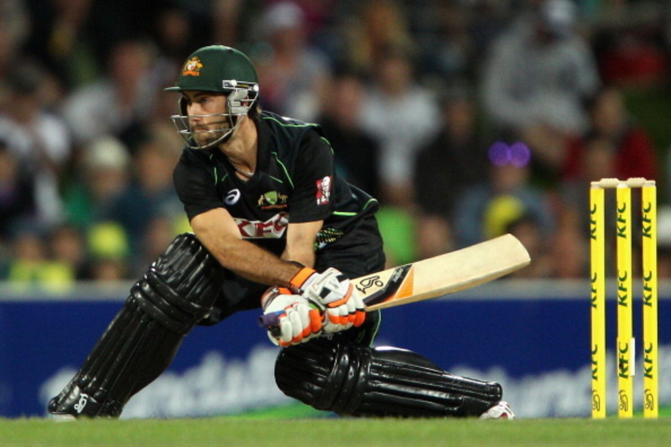 HOBART, AUSTRALIA - JANUARY 29:  Glenn Maxwell of Australia plays a shot during game one of the International Twenty20 series between Australia and England at Blundstone Arena on January 29, 2014 in Hobart, Australia.  (Photo by Robert Prezioso/Getty Imag