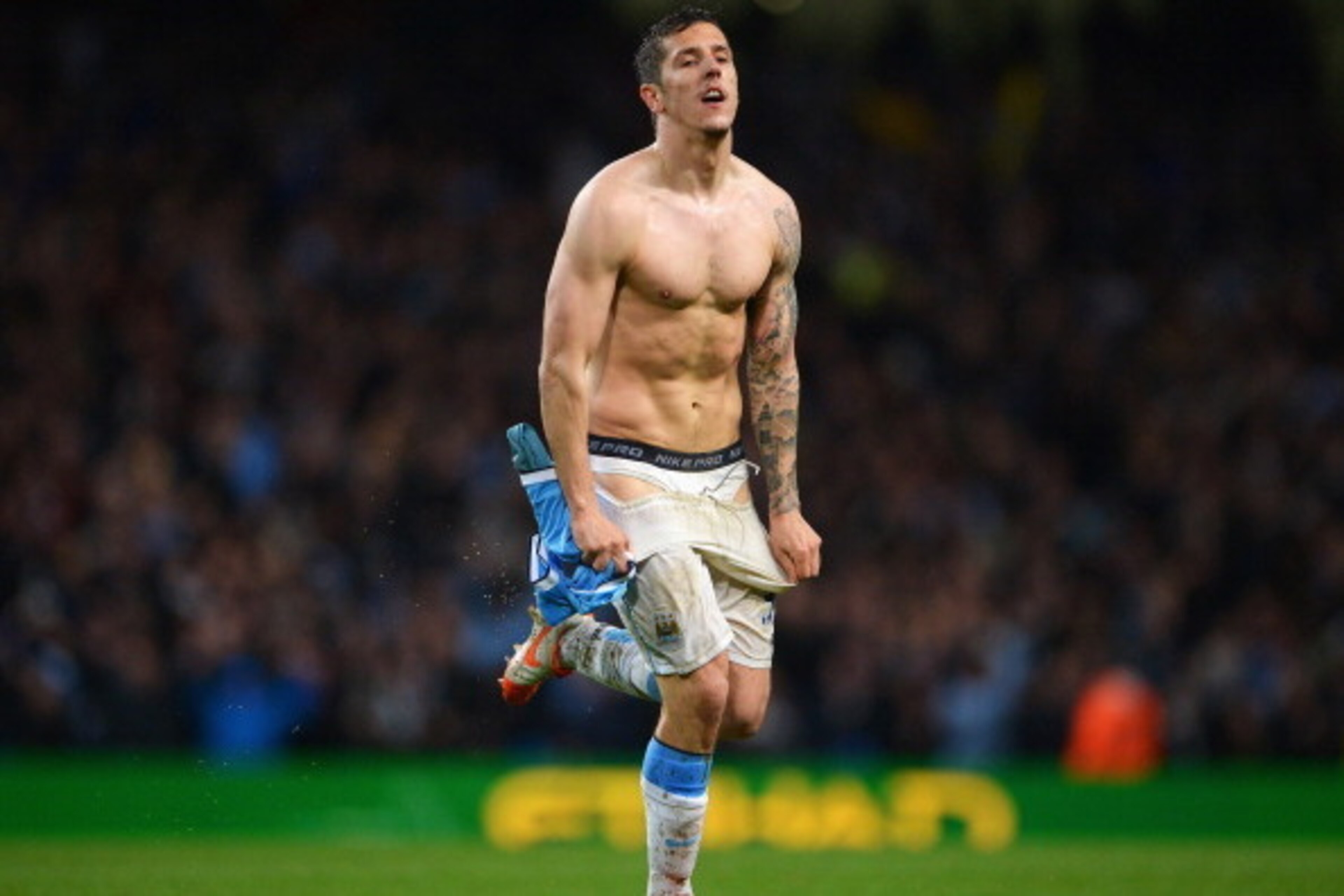 MANCHESTER, ENGLAND - MAY 07:  Stevan Jovetic of Manchester City celebrates scoring his team's third goal during the Barclays Premier League match between Manchester City and Aston Villa at Etihad Stadium on May 7, 2014 in Manchester, England.  (Photo by 