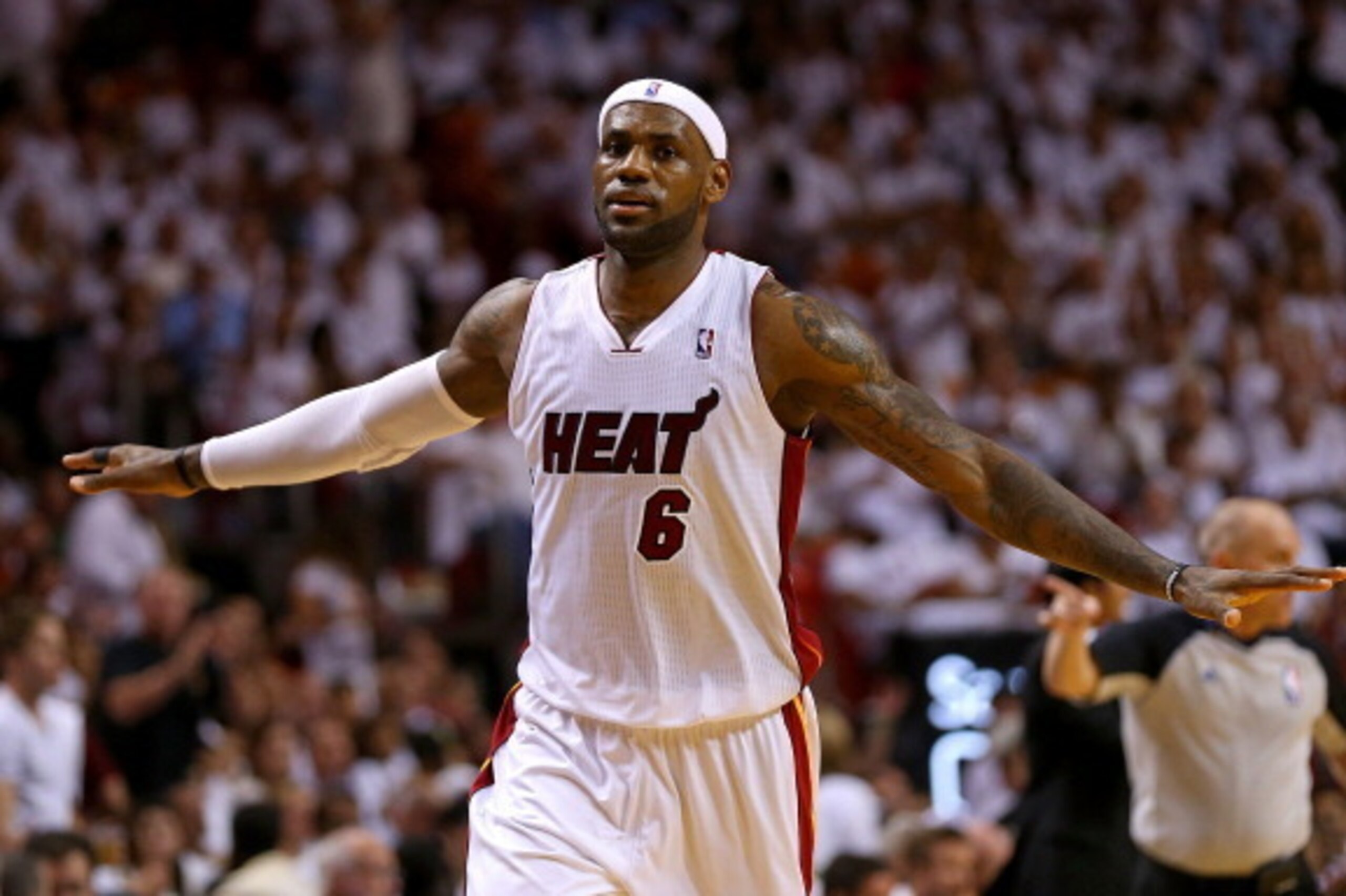 MIAMI, FL - MAY 06:  LeBron James #6 of the Miami Heat looks on during Game One of the Eastern Conference Semifinals of the 2014 NBA Playoffs against the Brooklyn Nets at American Airlines Arena on May 6, 2014 in Miami, Florida. NOTE TO USER: User express