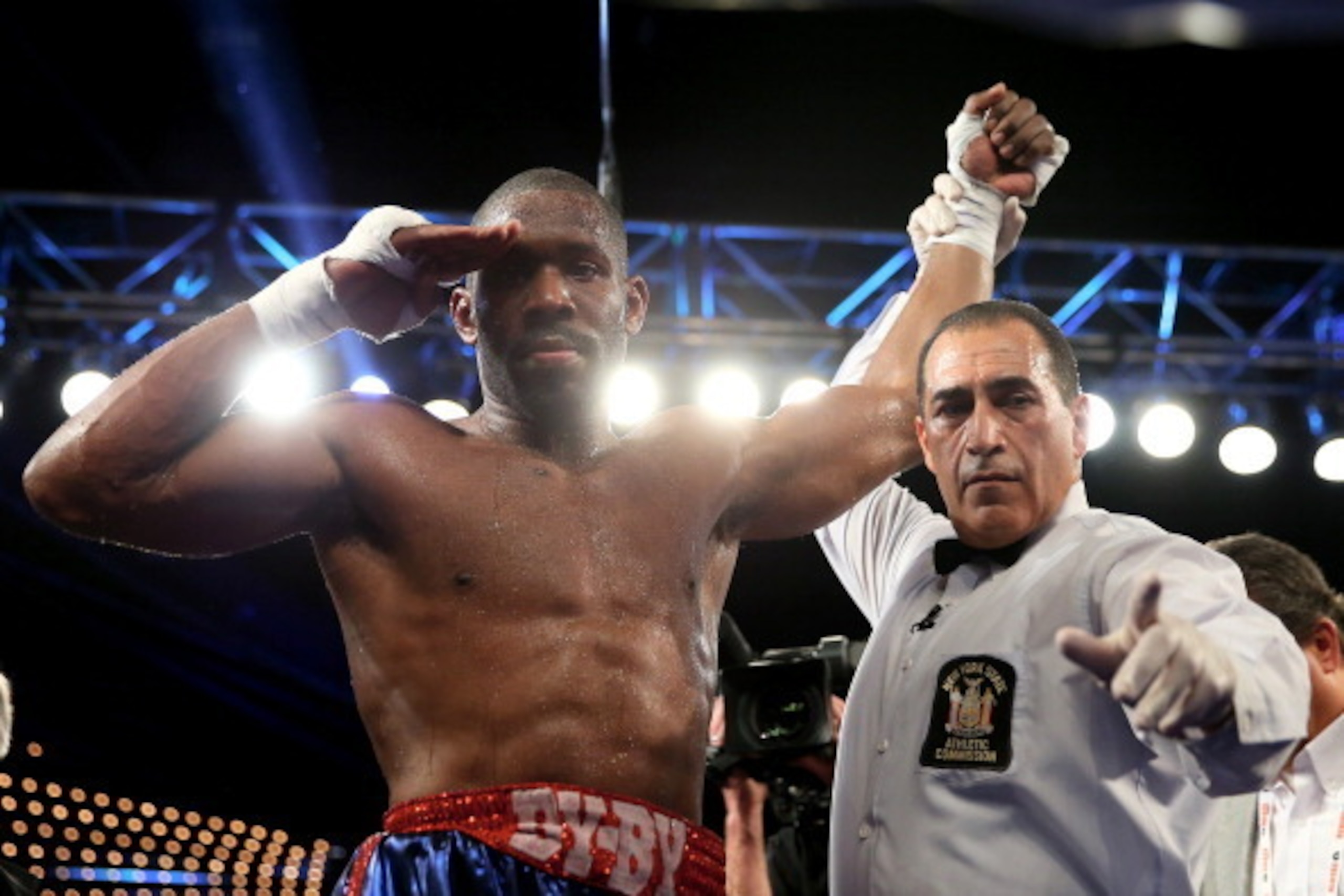NEW YORK, NY - JANUARY 25:  Bryant Jennings  celebrates his win over Artur Szpilka during their heavyweight bout at Madison Square Garden on January 25, 2014 in New York City.  (Photo by Elsa/Getty Images)