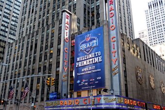 NEW YORK, NY - APRIL 25:  A general view of the marquee outside of Radio City Music Hall in the first round of the 2013 NFL Draft at Radio City Music Hall on April 25, 2013 in New York City.  (Photo by Chris Chambers/Getty Images)