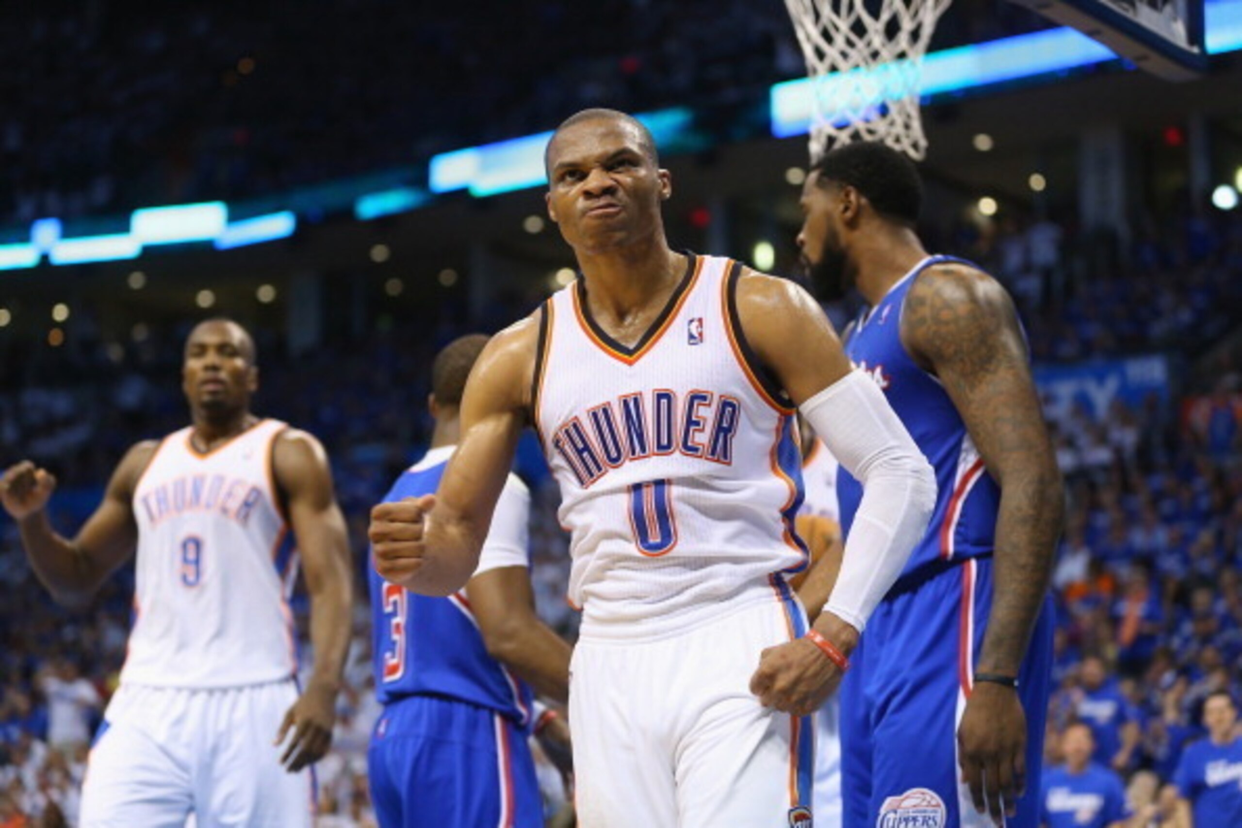 OKLAHOMA CITY, OK - MAY 07:  Russell Westbrook #0 of the Oklahoma City Thunder reacts after fouled by DeAndre Jordan #6 of the Los Angeles Clippers in Game Two of the Western Conference Semifinals during the 2014 NBA Playoffs at Chesapeake Energy Arena on