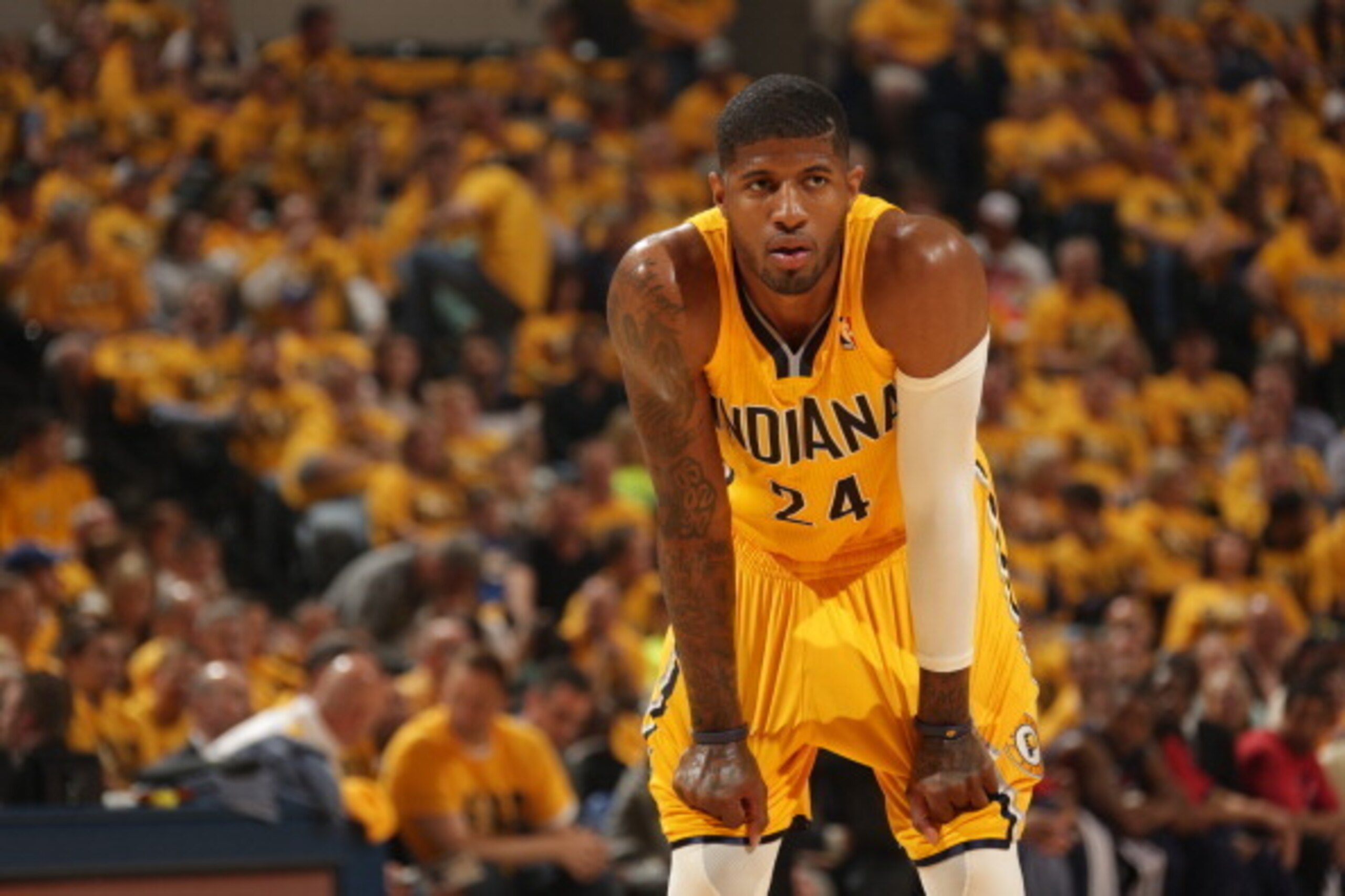 INDIANAPOLIS - MAY 5: Paul George #24 of the Indiana Pacers looks on in Game One of the Eastern Conference Semi-Finals against the Washington Wizards during the 2014 NBA Playoffs at Bankers Life Fieldhouse on May 5, 2014 in Indianapolis, Indiana.  NOTE TO