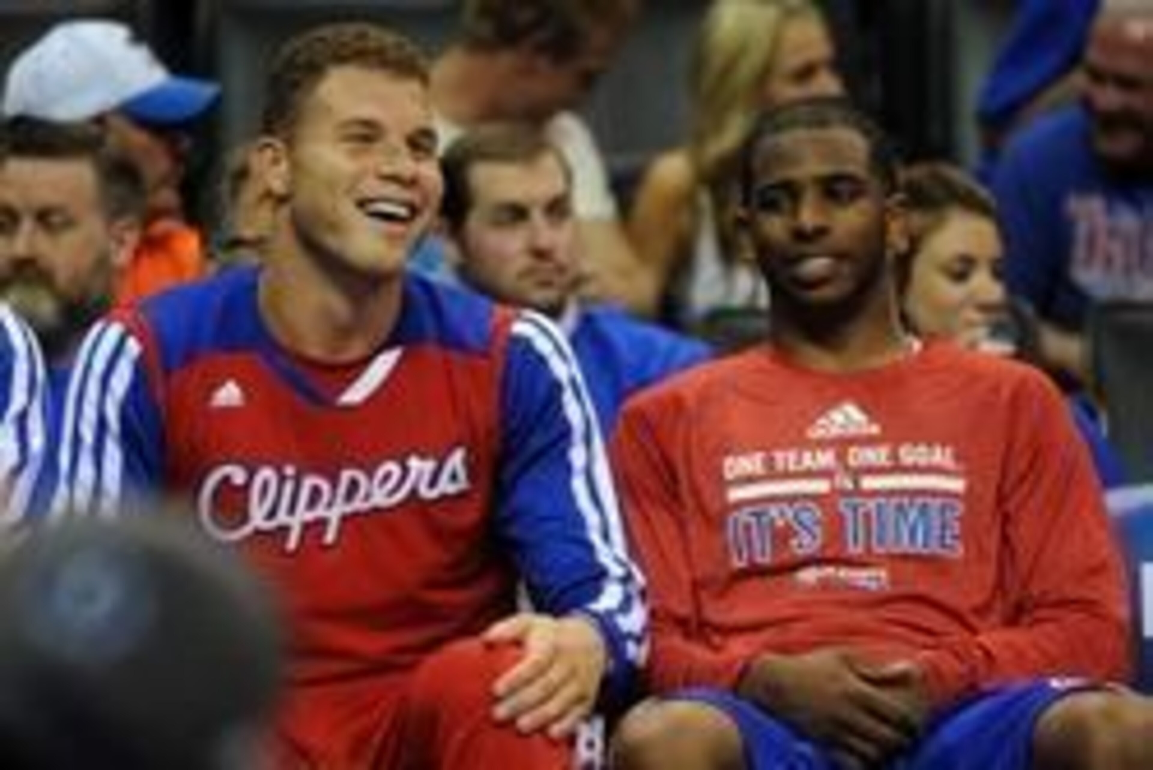 May 5, 2014; Oklahoma City, OK, USA; Los Angeles Clippers forward Blake Griffin (32) and Los Angeles Clippers guard Chris Paul (3) react to play in action against the Oklahoma City Thunder during the fourth quarter in game one of the second round of the 2