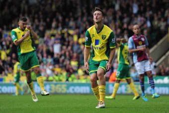 NORWICH, ENGLAND - SEPTEMBER 21:  Ricky van Wolfswinkel rues a missed chance of Norwich City misses a penalty during the Barclays Premier League match between Norwich City and Aston Villa at Carrow Road on September 21, 2013 in Norwich, England.  (Photo b