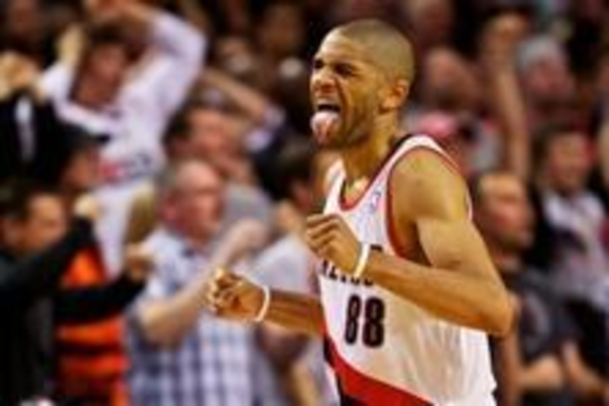 Apr 27, 2014; Portland, OR, USA; Portland Trail Blazers forward Nicolas Batum (88) reacts after missing a shot against the Houston Rockets during the fourth quarter in game four of the first round of the 2014 NBA Playoffs at the Moda Center. Mandatory Cre